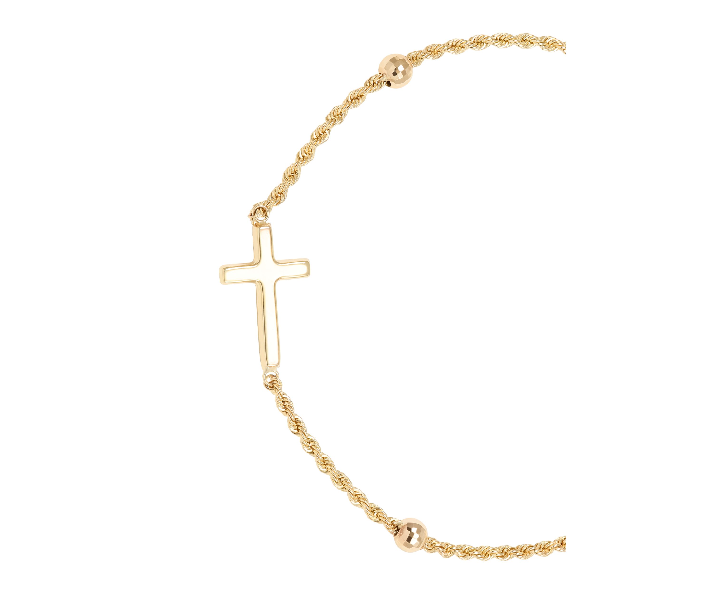 Beads Station Rope Chain with Center Cross Bracelet in 10K Yellow Gold