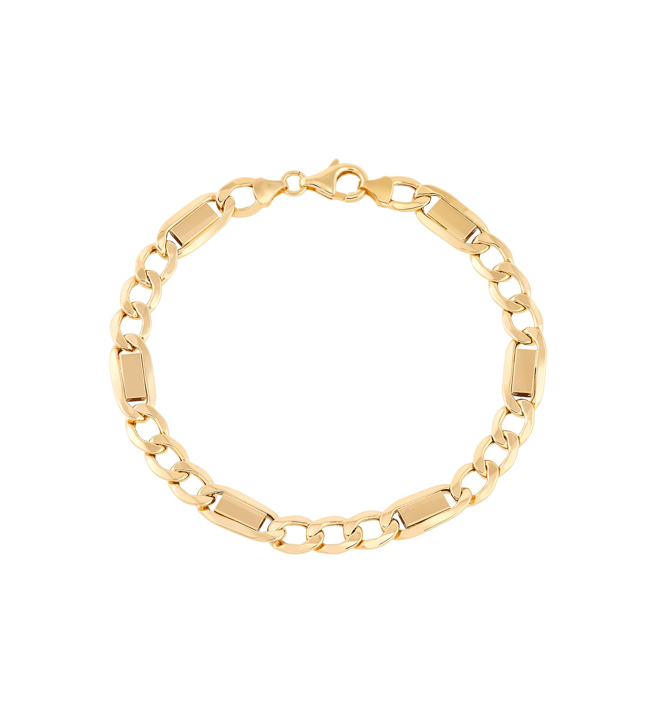 Hollow Figaro Chain with Bar Bracelet in 10K Yellow Gold