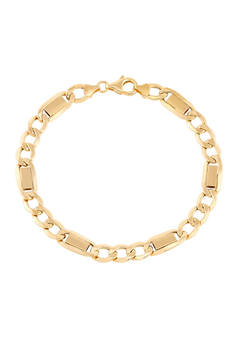 Hollow Figaro Chain with Bar Bracelet in 10K Yellow Gold