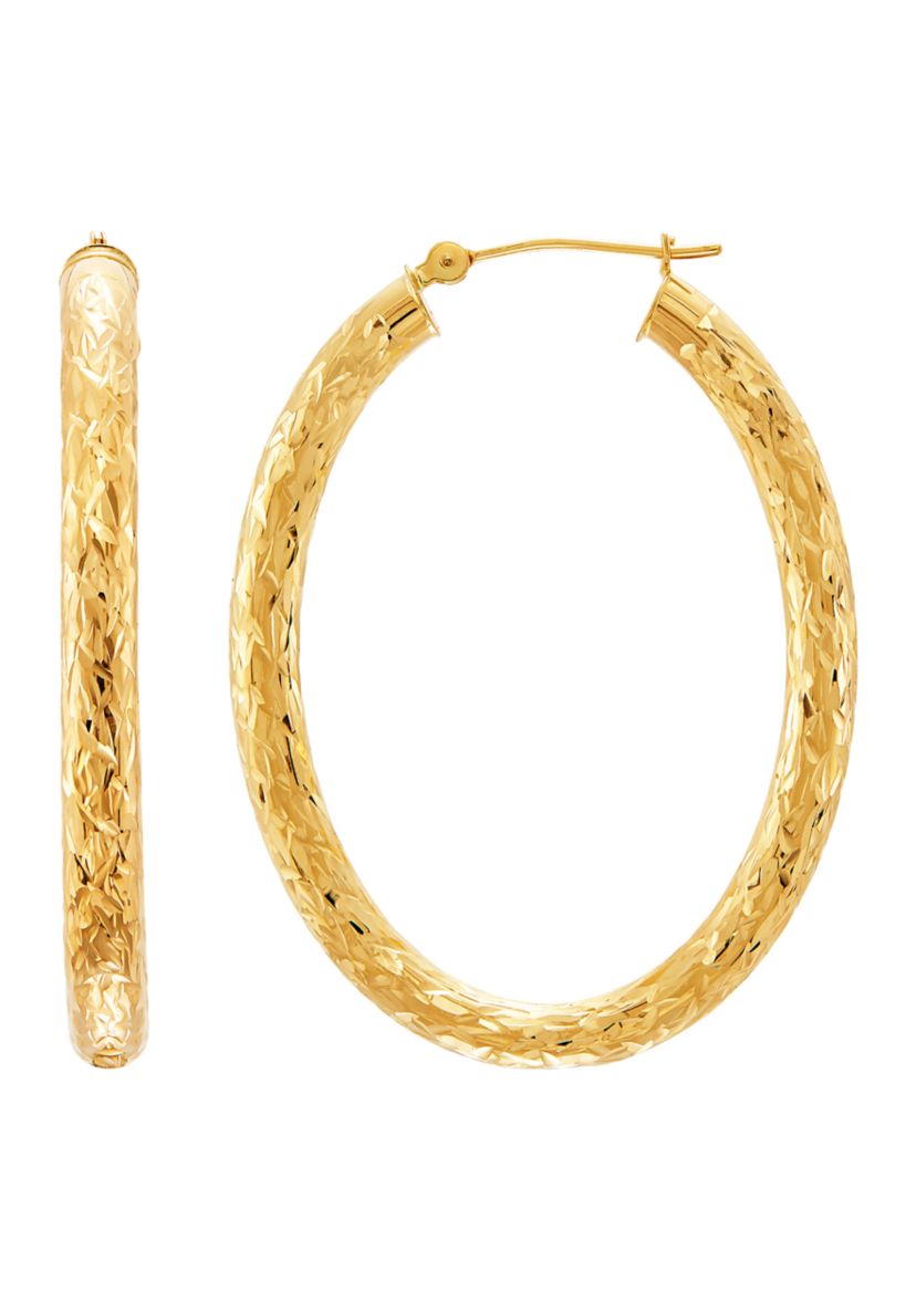 Oval Crystal Cut Tube Hoop Earrings in 10K Yellow Gold