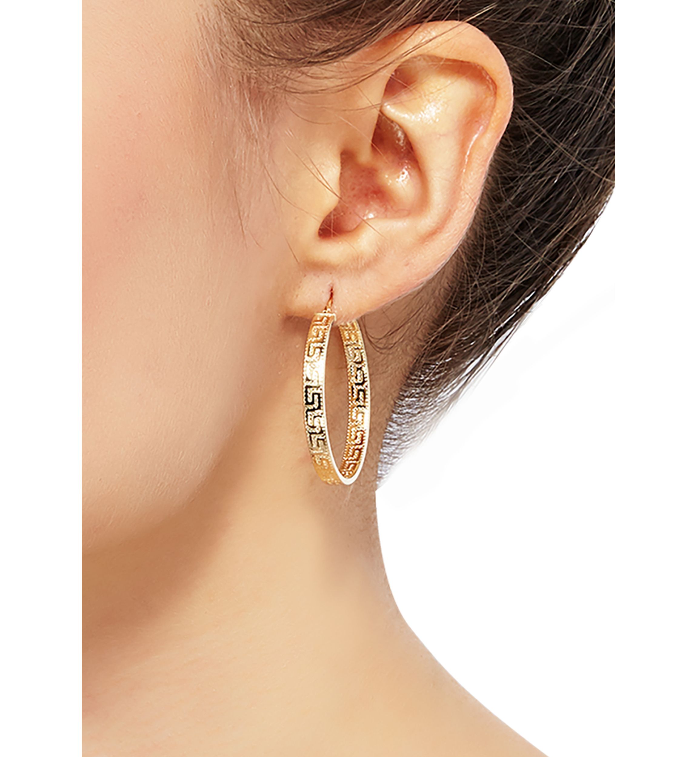 Greek Key Tube Hoop Earrings in 10K Yellow Gold