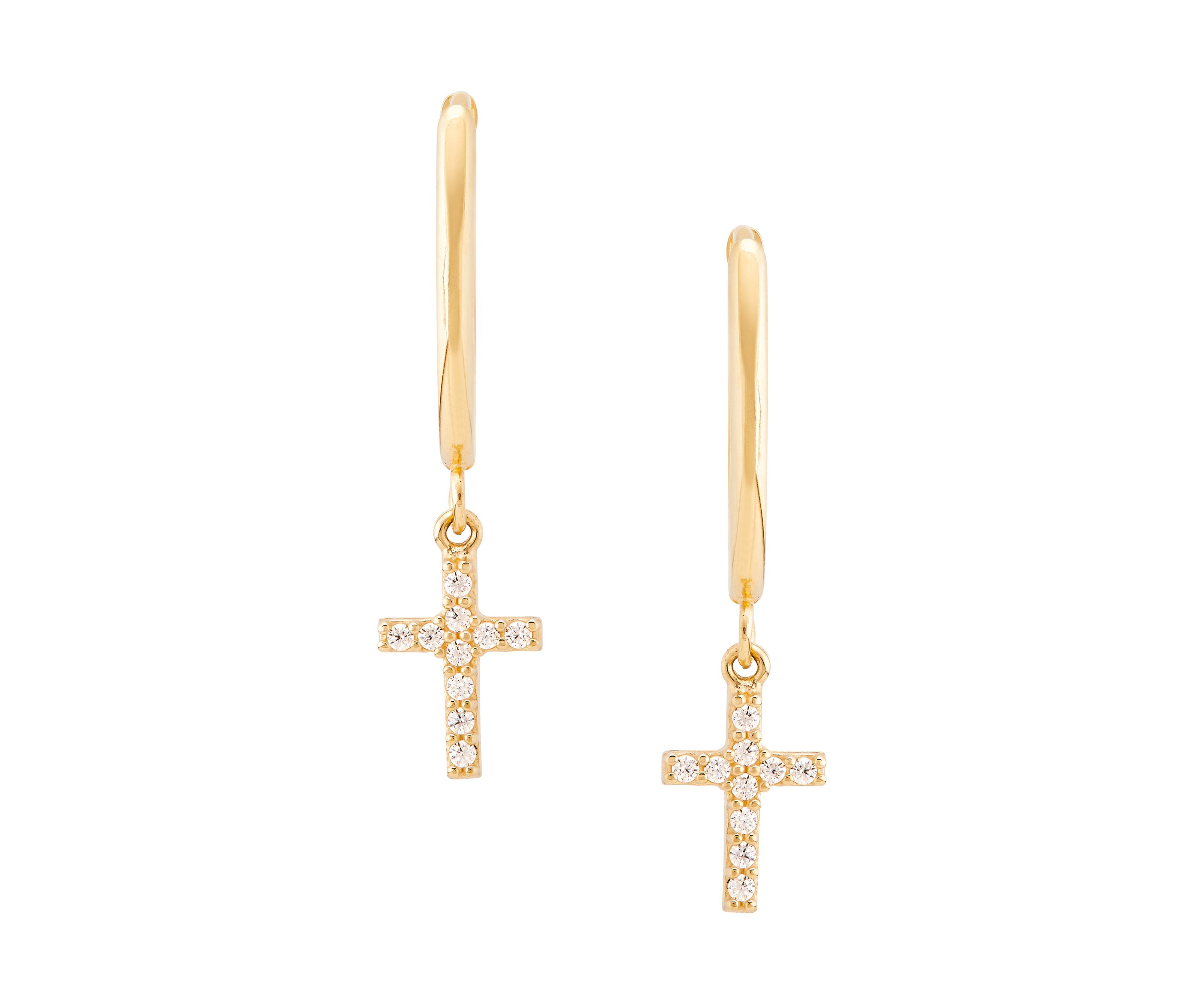 Oval Huggies with Cross Drop Earrings in 10K Yellow Gold