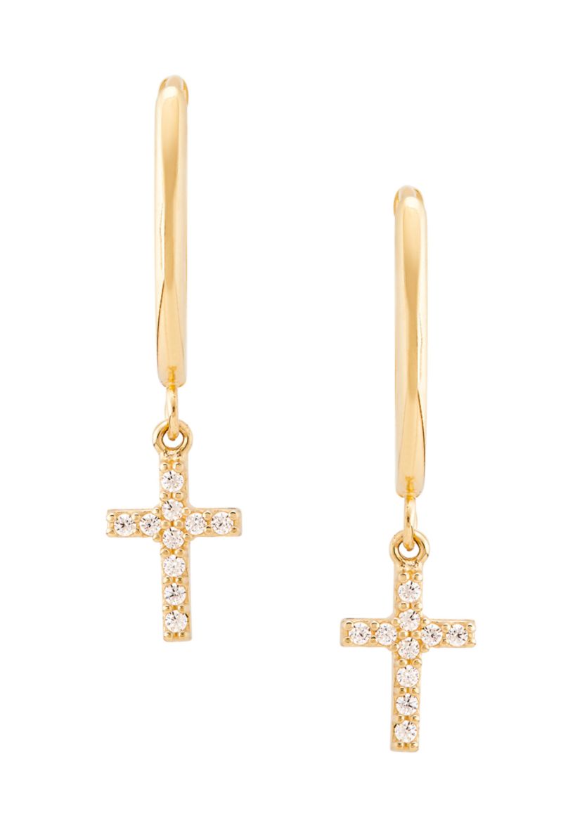 Oval Huggies with Cross Drop Earrings in 10K Yellow Gold