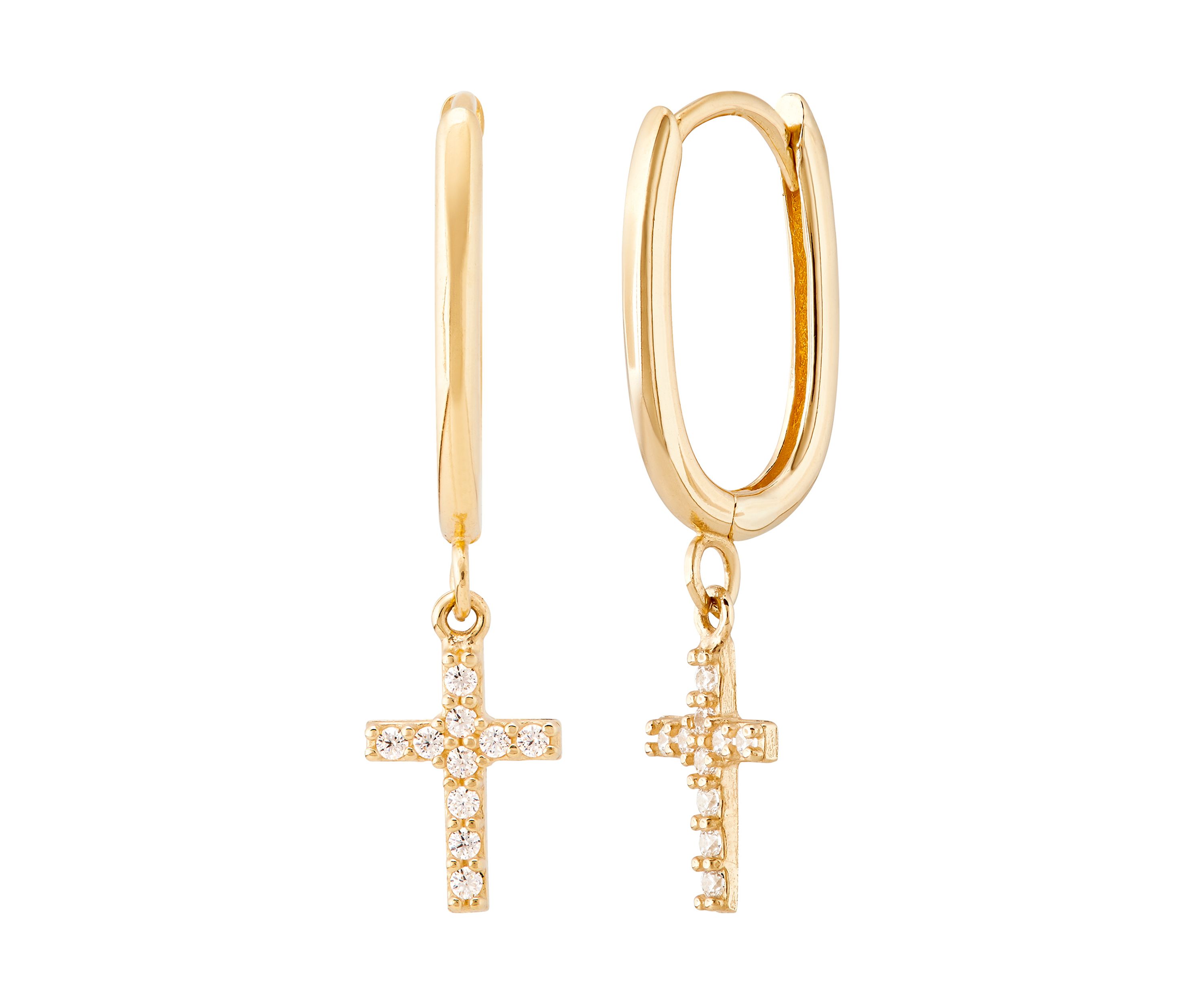 Oval Huggies with Cross Drop Earrings in 10K Yellow Gold