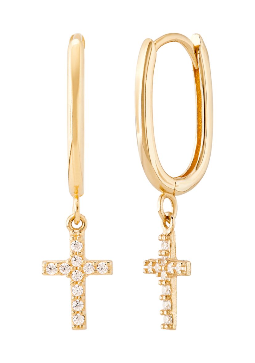 Oval Huggies with Cross Drop Earrings in 10K Yellow Gold