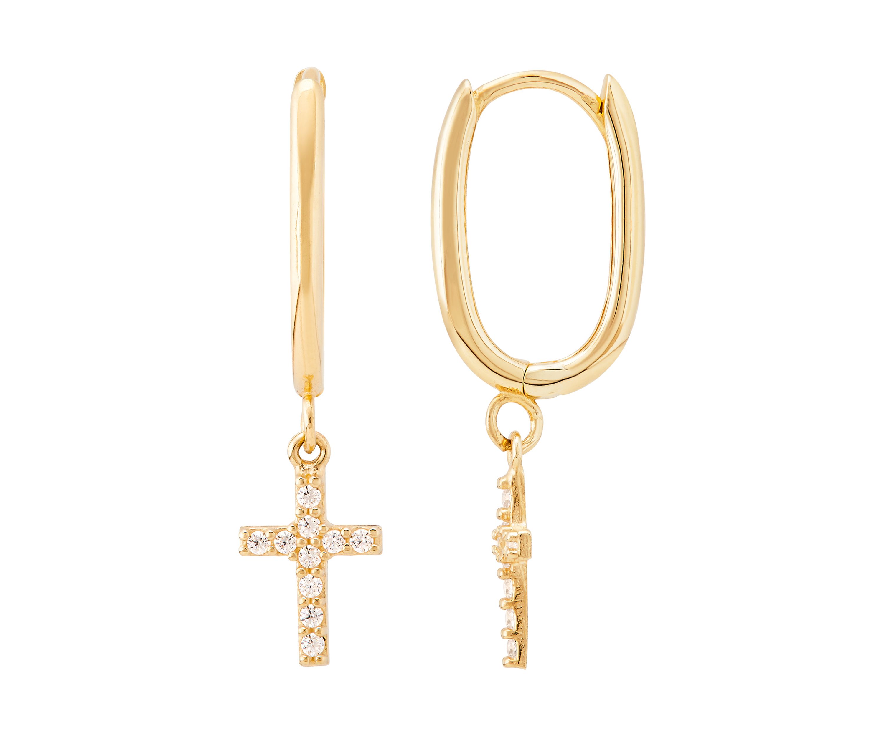 Oval Huggies with Cross Drop Earrings in 10K Yellow Gold