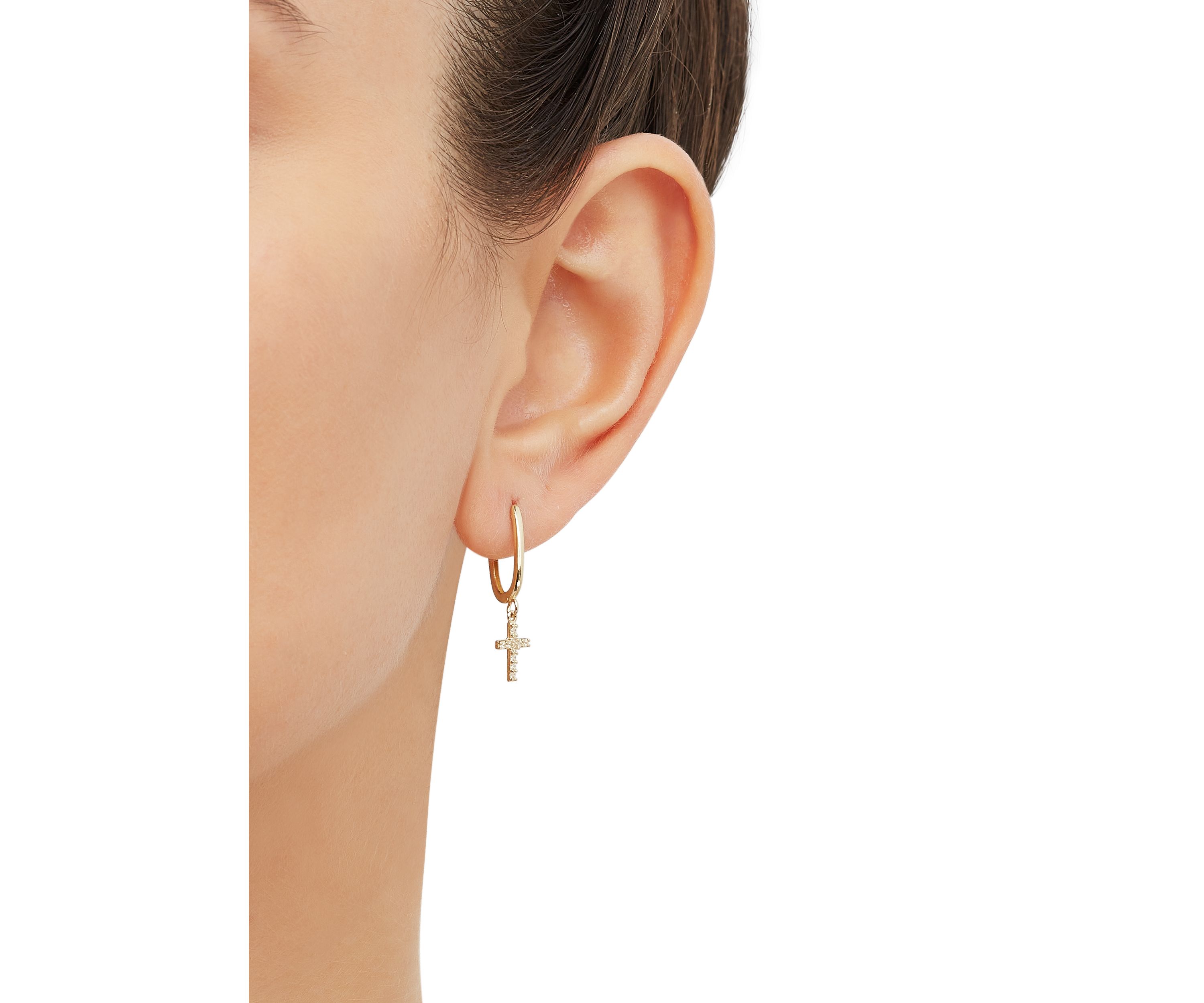 Oval Huggies with Cross Drop Earrings in 10K Yellow Gold