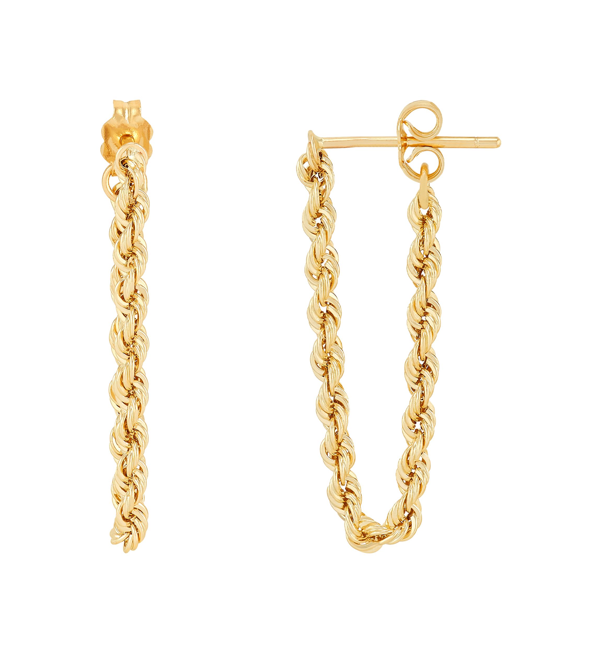 Hollow Rope Front to Back Chain Link Earrings in 10K Yellow Gold