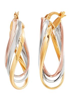Belk & Co Triple Row Plain Twist Long Hoop Earrings in 10K Tri Tone Gold