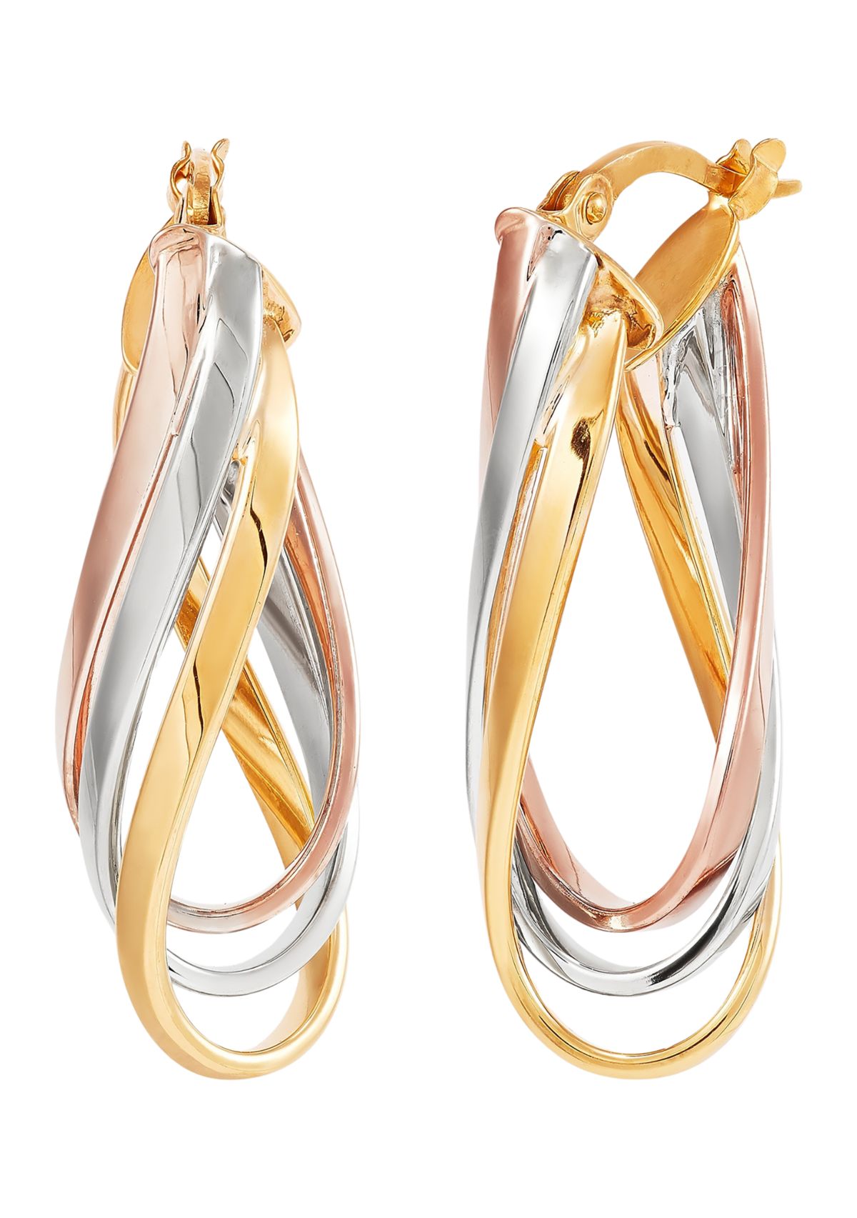 Triple Row Plain Twist Long Hoop Earrings in 10K Tri Tone Gold