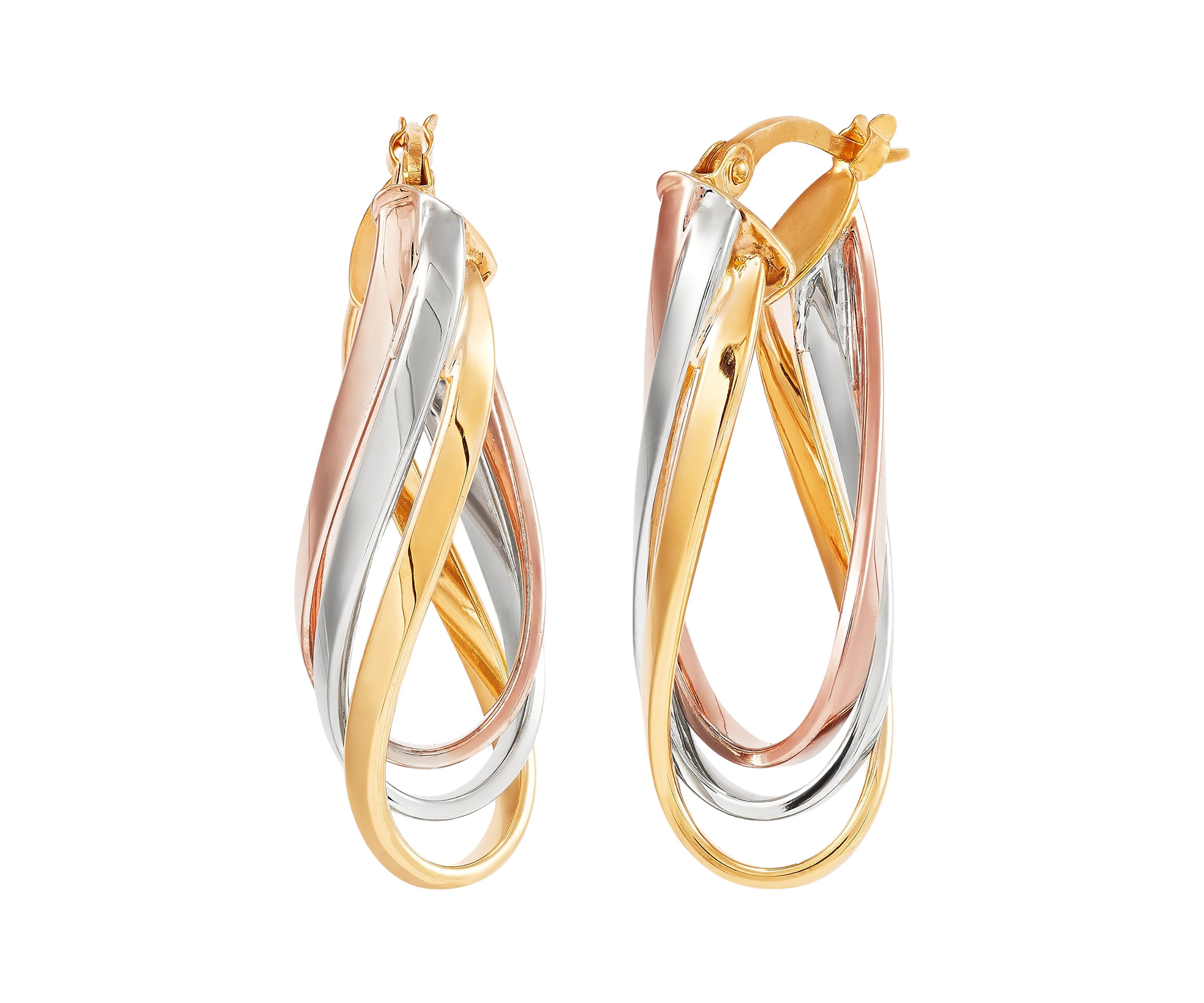 Triple Row Plain Twist Long Hoop Earrings in 10K Tri Tone Gold