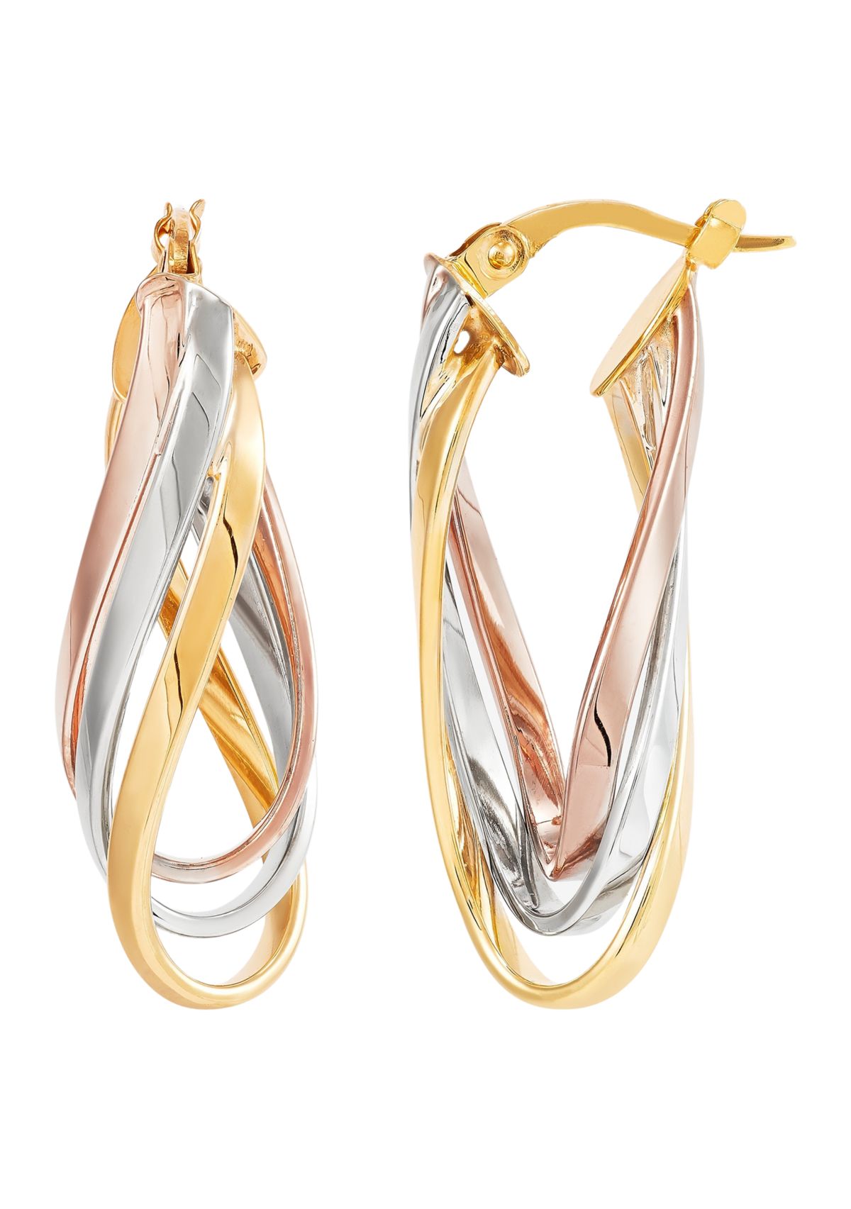 Triple Row Plain Twist Long Hoop Earrings in 10K Tri Tone Gold
