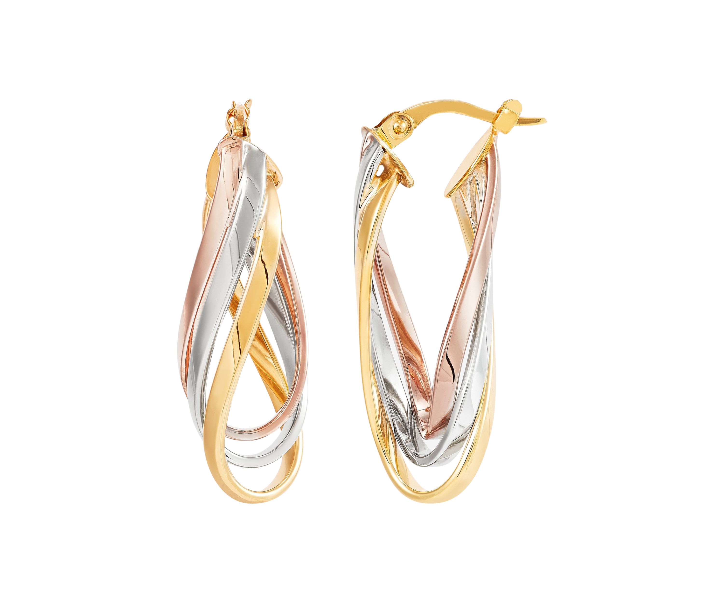 Triple Row Plain Twist Long Hoop Earrings in 10K Tri Tone Gold