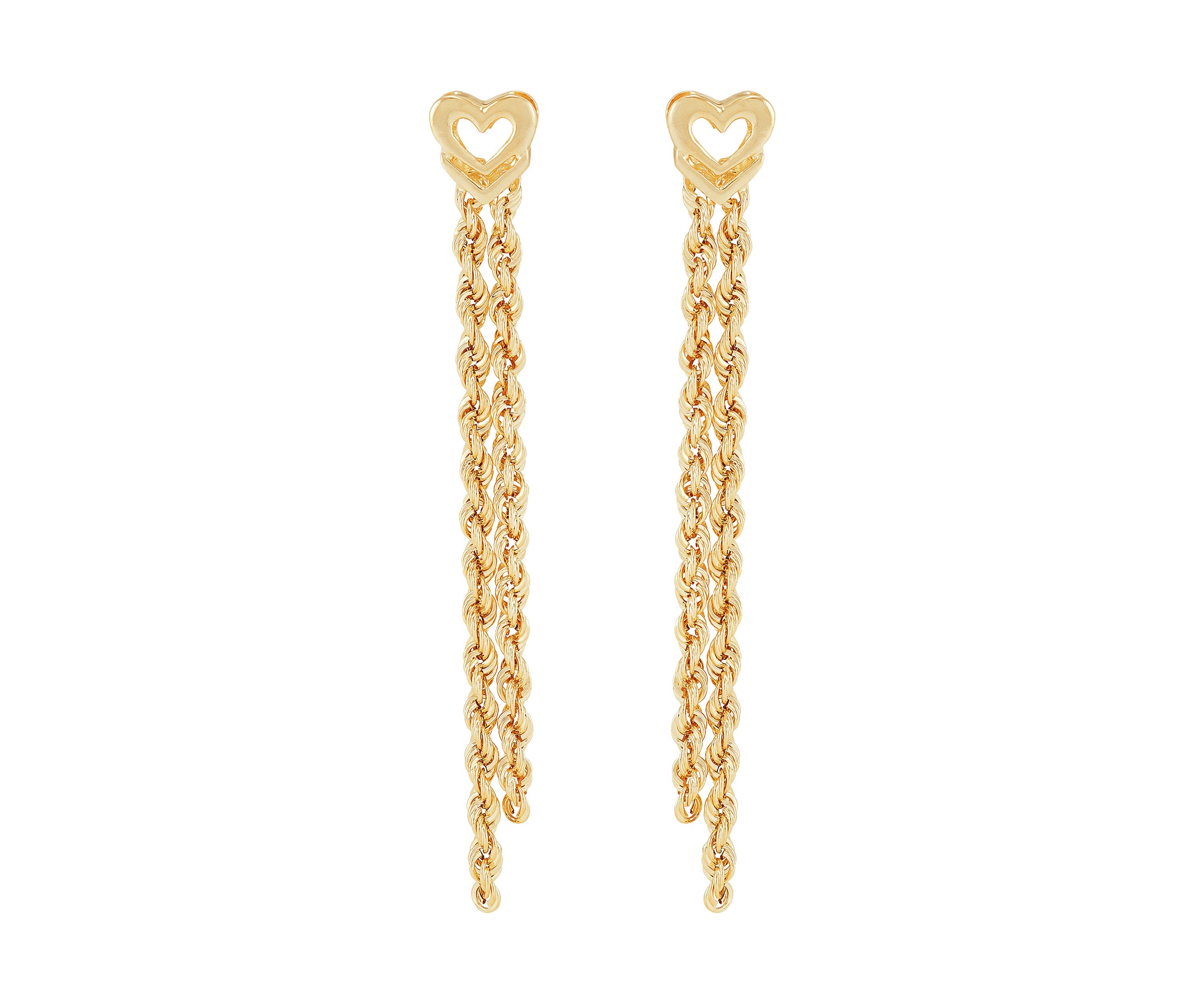 2 Row Hollow Link With Heart Topper Earrings in 10K Yellow Gold