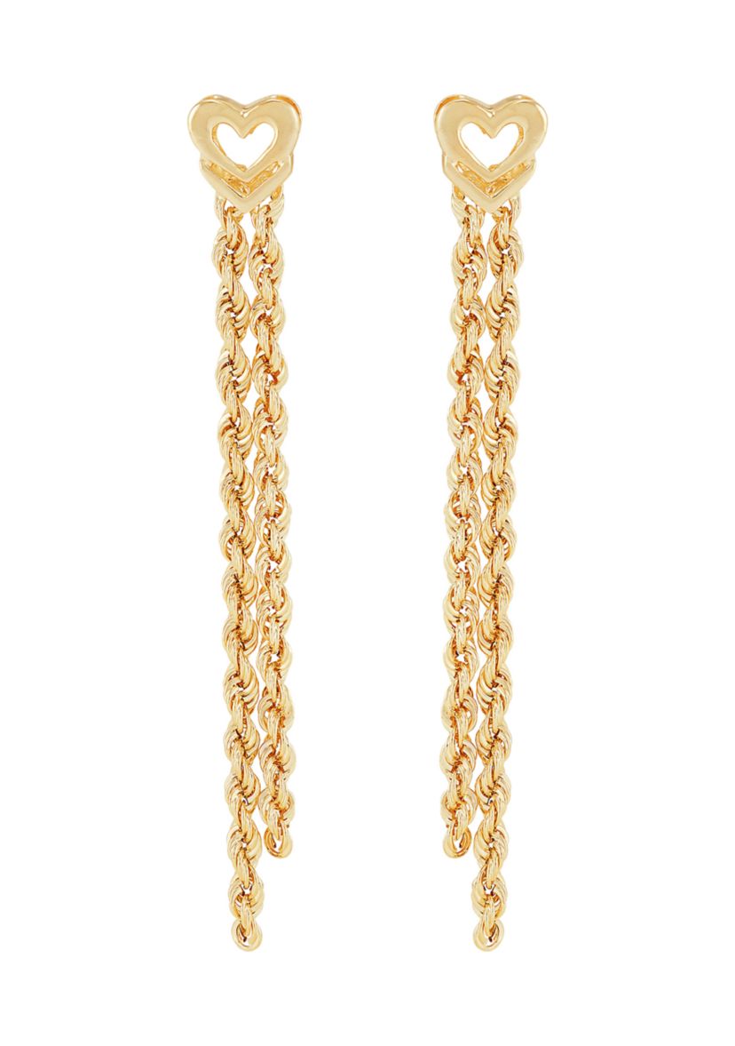 2 Row Hollow Link With Heart Topper Earrings in 10K Yellow Gold
