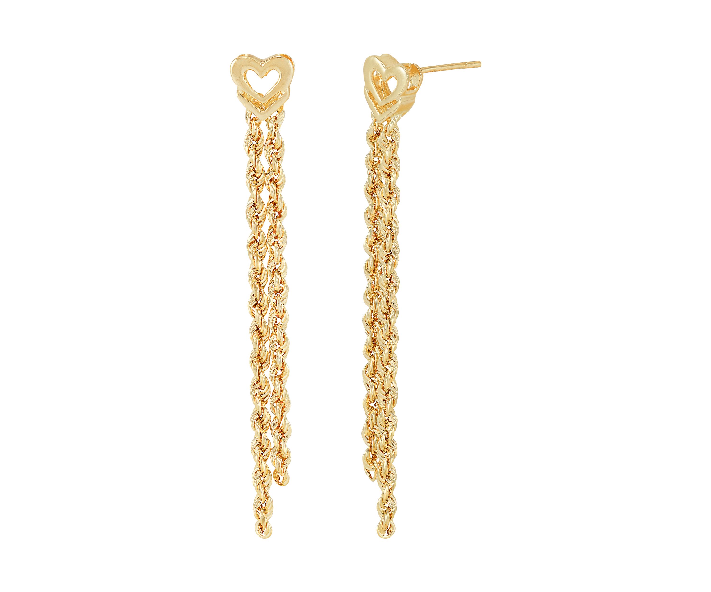 2 Row Hollow Link With Heart Topper Earrings in 10K Yellow Gold