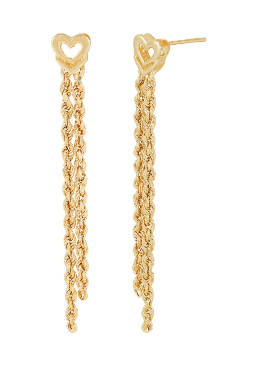 2 Row Hollow Link With Heart Topper Earrings in 10K Yellow Gold