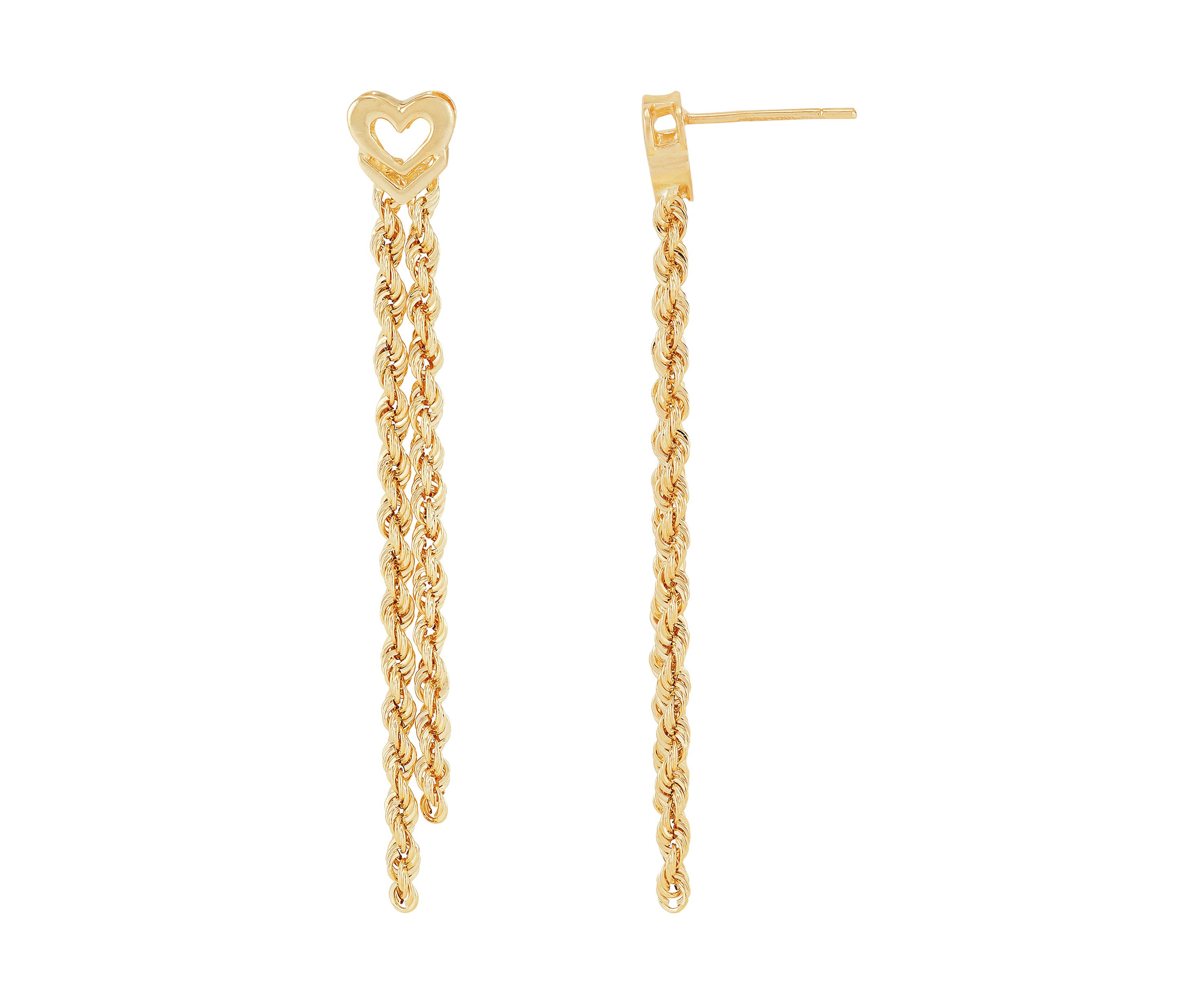 2 Row Hollow Link With Heart Topper Earrings in 10K Yellow Gold