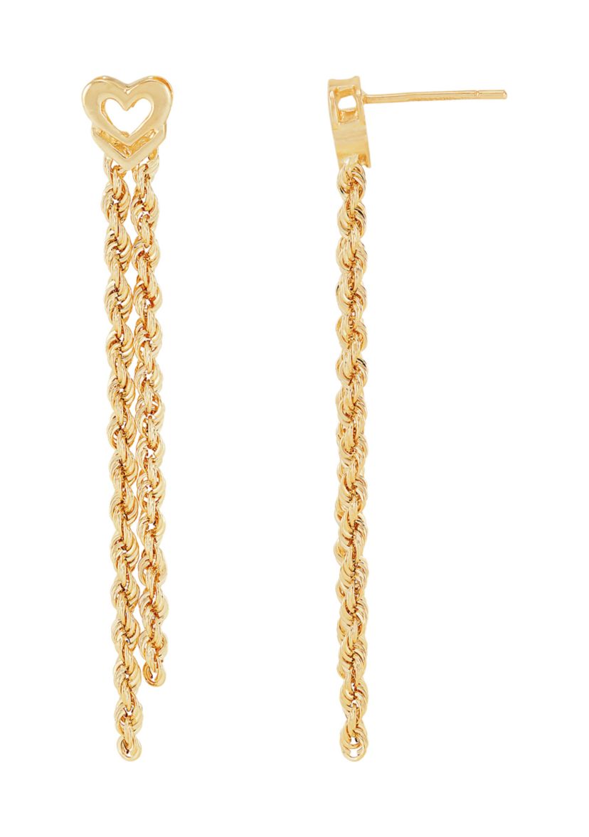 2 Row Hollow Link With Heart Topper Earrings in 10K Yellow Gold
