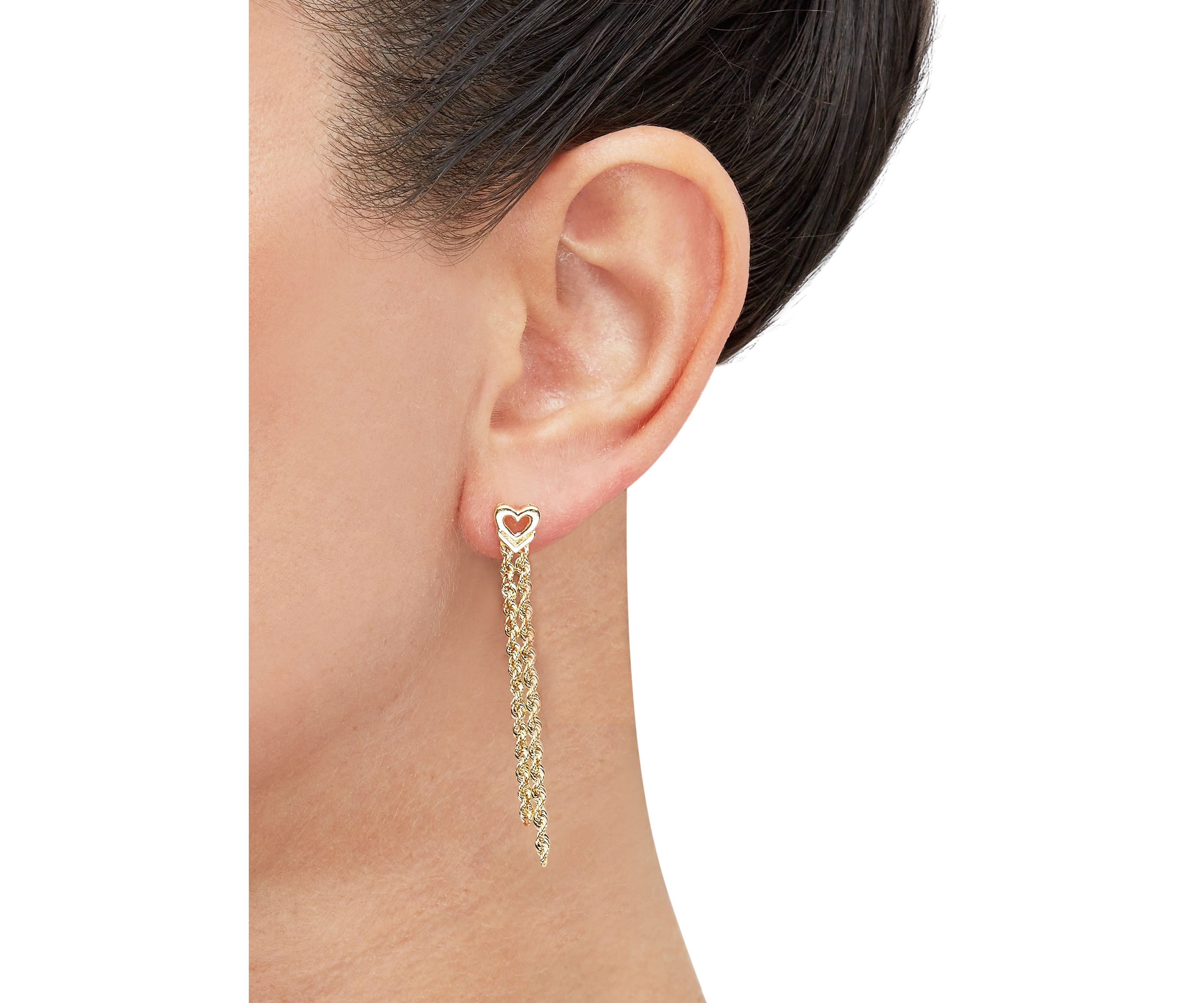 2 Row Hollow Link With Heart Topper Earrings in 10K Yellow Gold