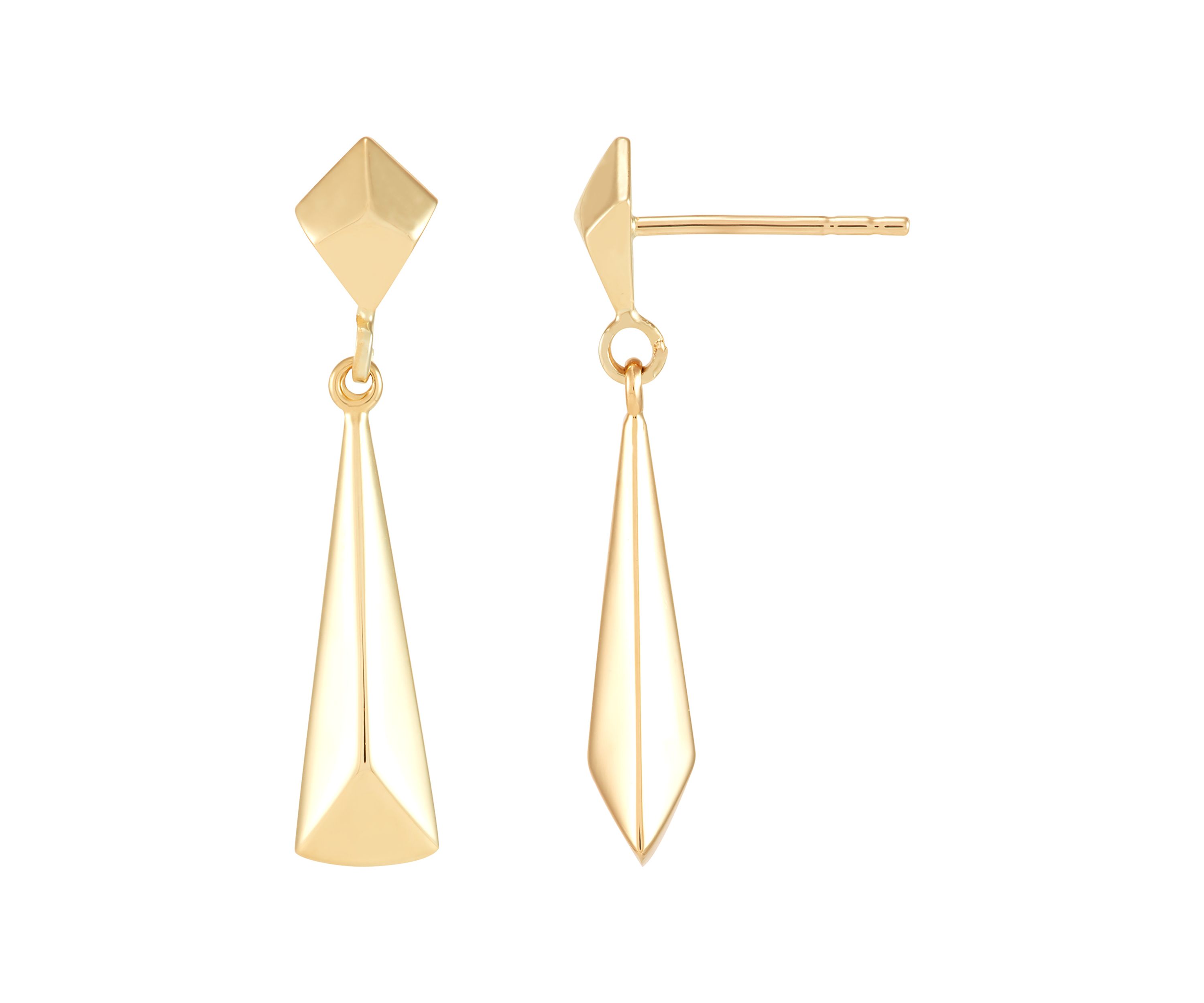 Long Triangle Dangle Rhombus Stud Earrings in 10K Yellow Gold