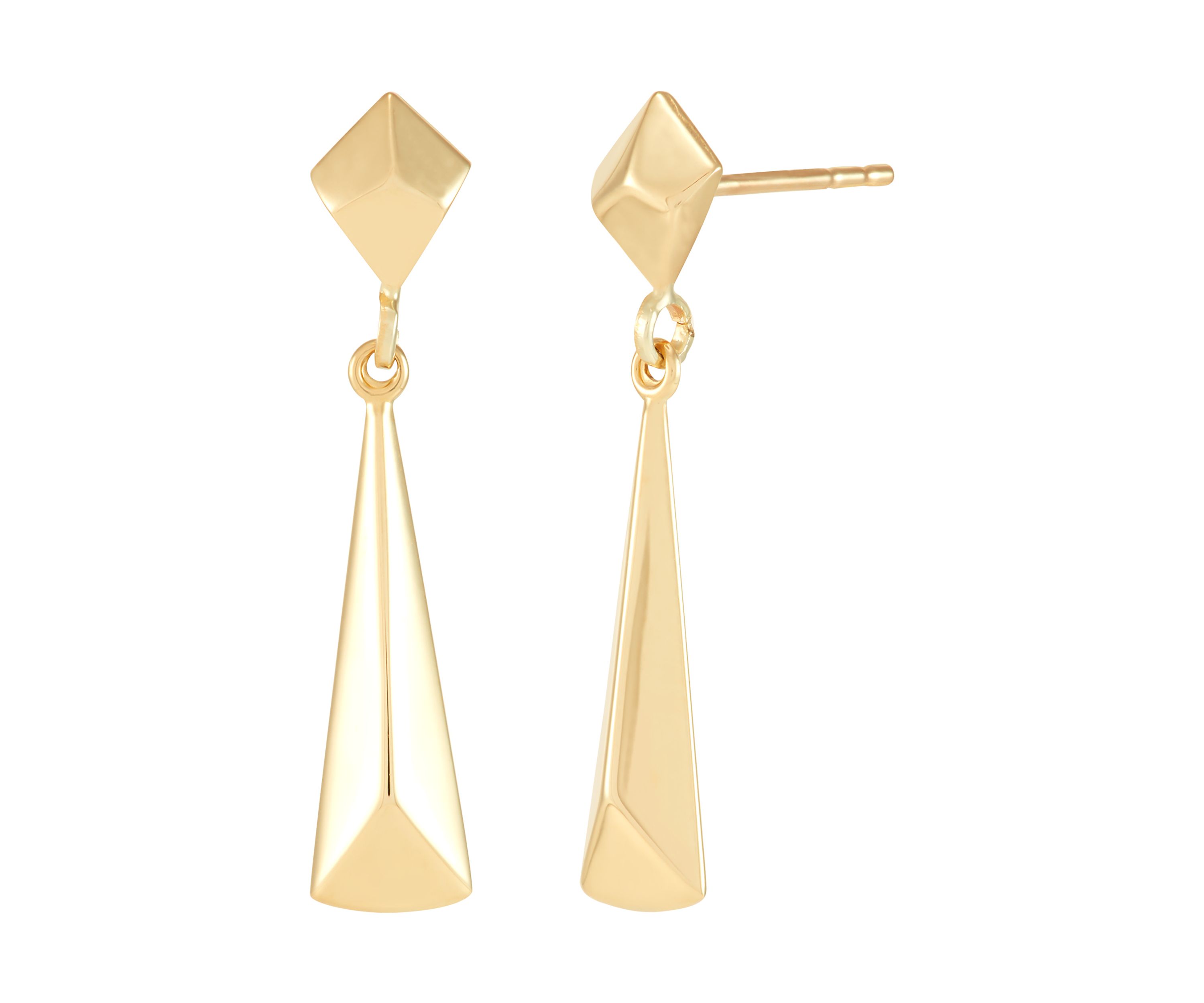 Long Triangle Dangle Rhombus Stud Earrings in 10K Yellow Gold