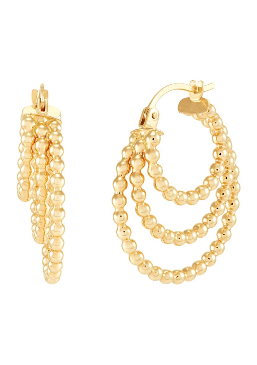 Triple Graduated Beaded Hoop Earrings in 10K Yellow Gold