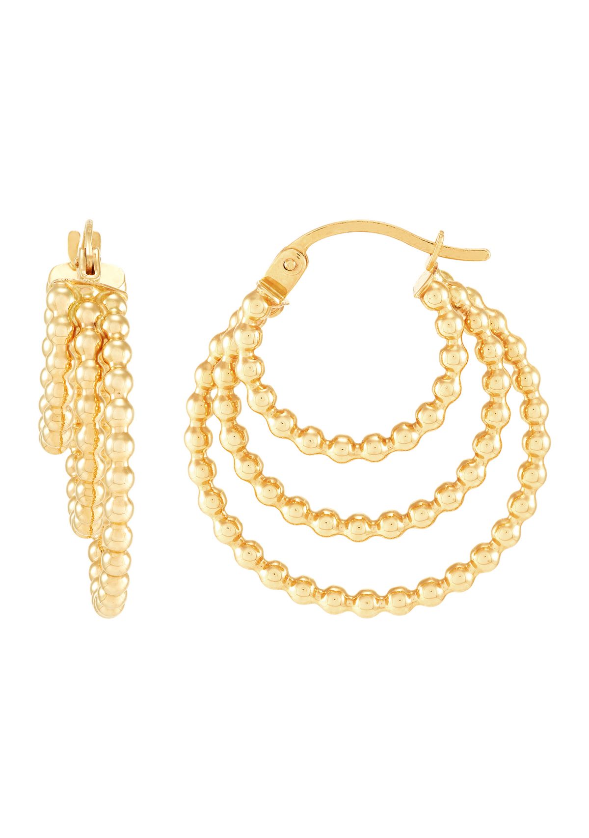 Triple Graduated Beaded Hoop Earrings in 10K Yellow Gold