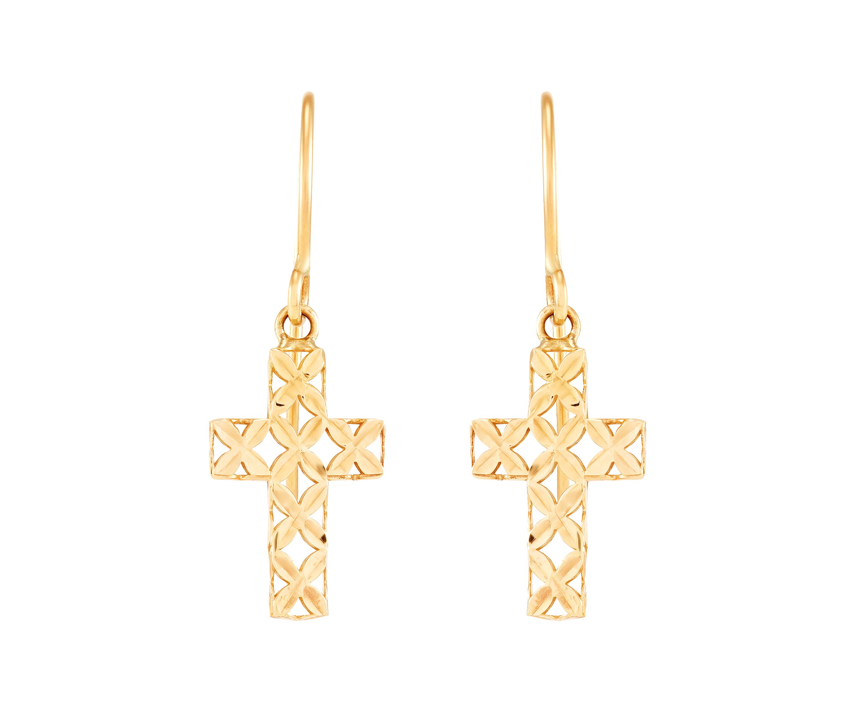 Pierced Cross Dangle Earringsi in 10K Yellow Gold