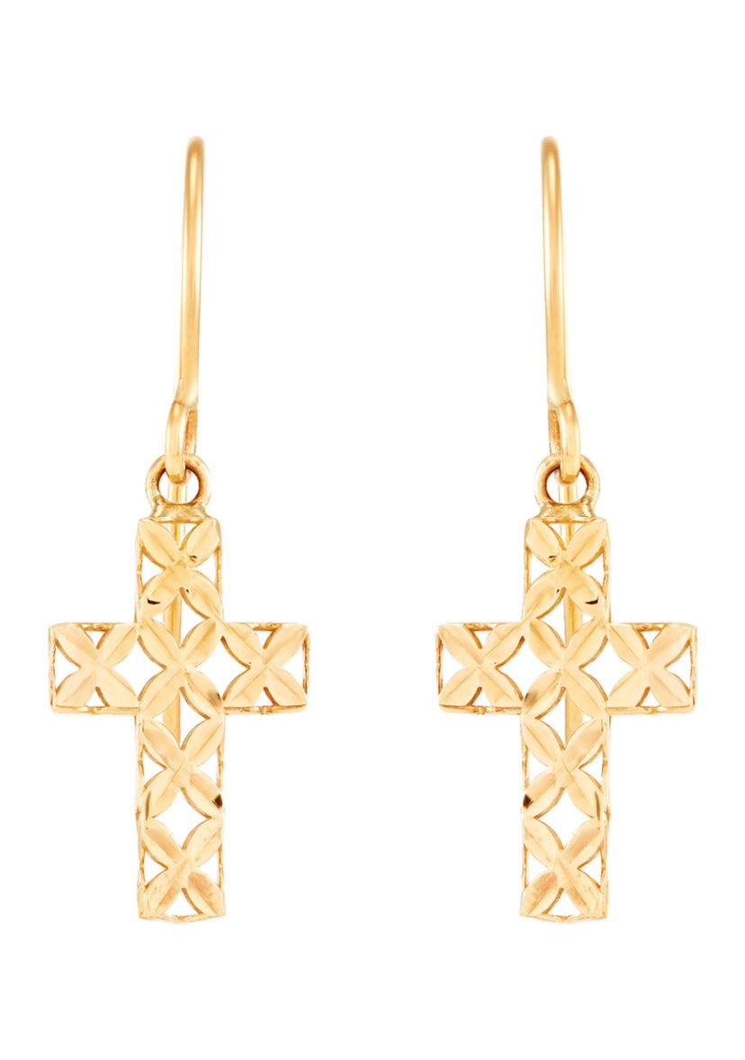 Pierced Cross Dangle Earringsi in 10K Yellow Gold
