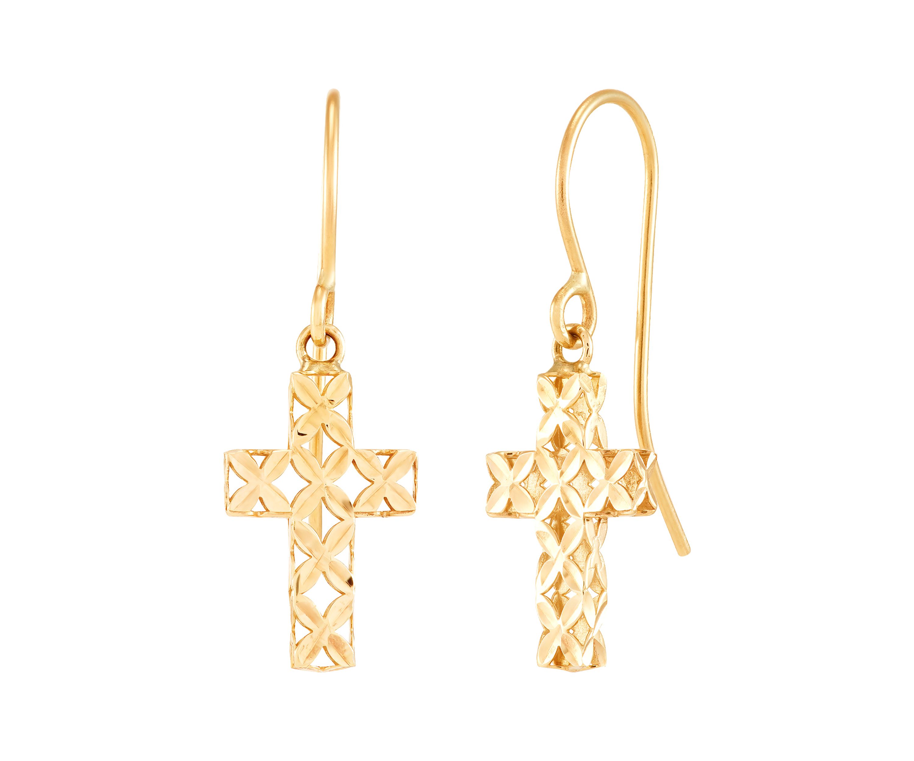Pierced Cross Dangle Earringsi in 10K Yellow Gold