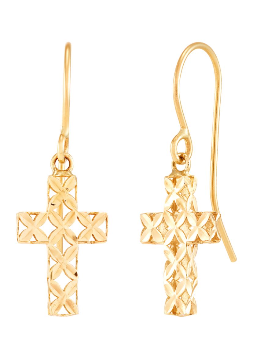 Pierced Cross Dangle Earringsi in 10K Yellow Gold