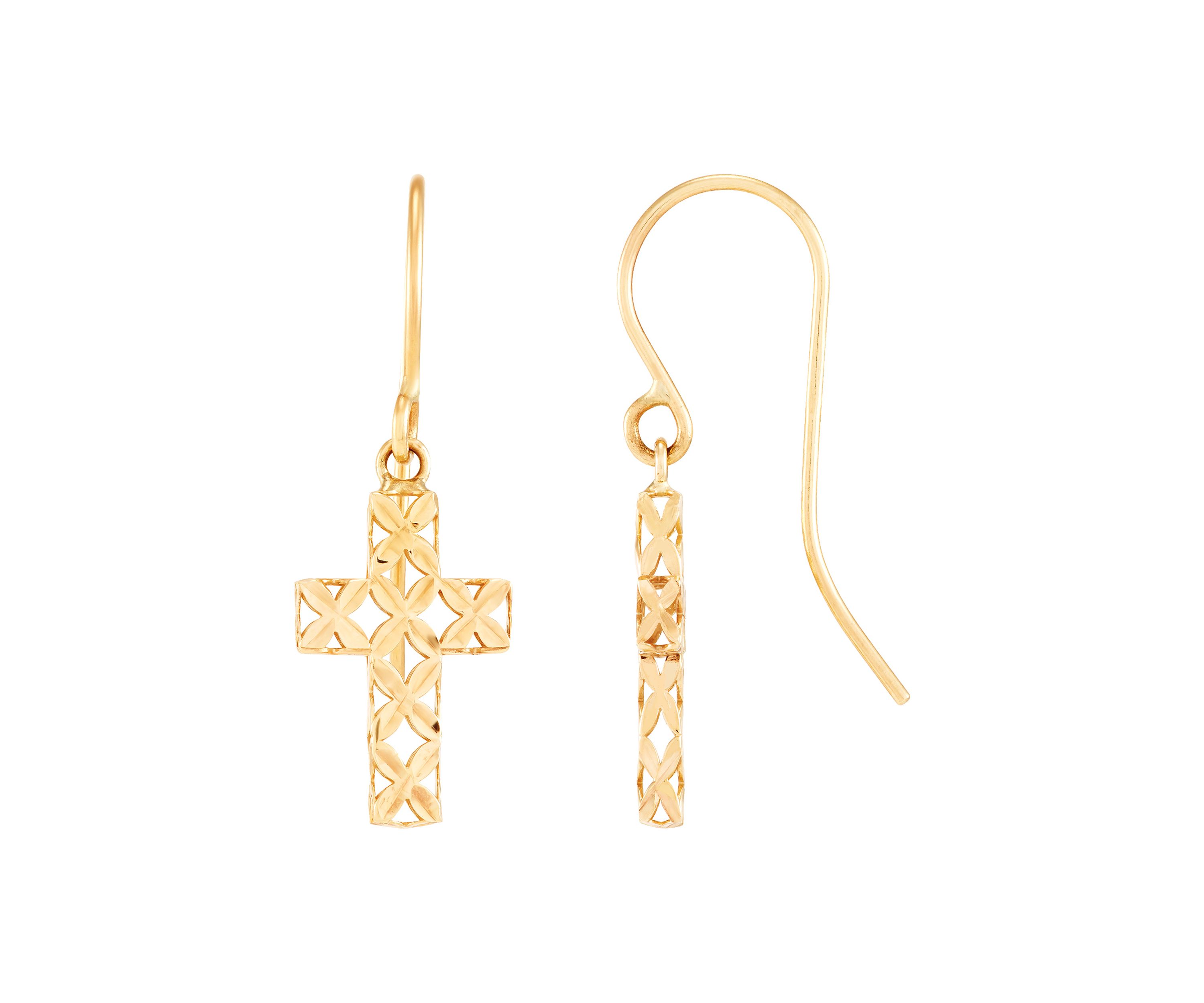 Pierced Cross Dangle Earringsi in 10K Yellow Gold