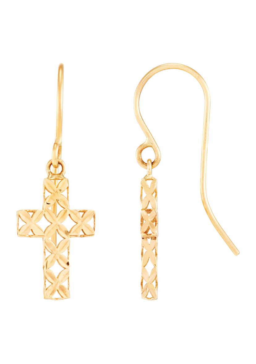Pierced Cross Dangle Earringsi in 10K Yellow Gold