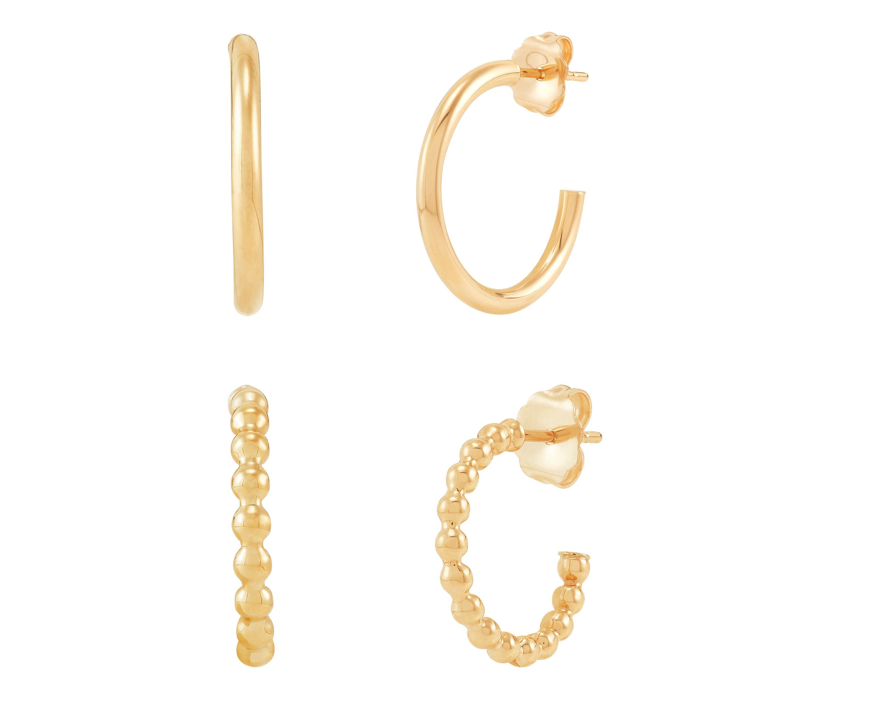 10K Yellow Gold Round and Beaded Tube J Hoop Set Earrings