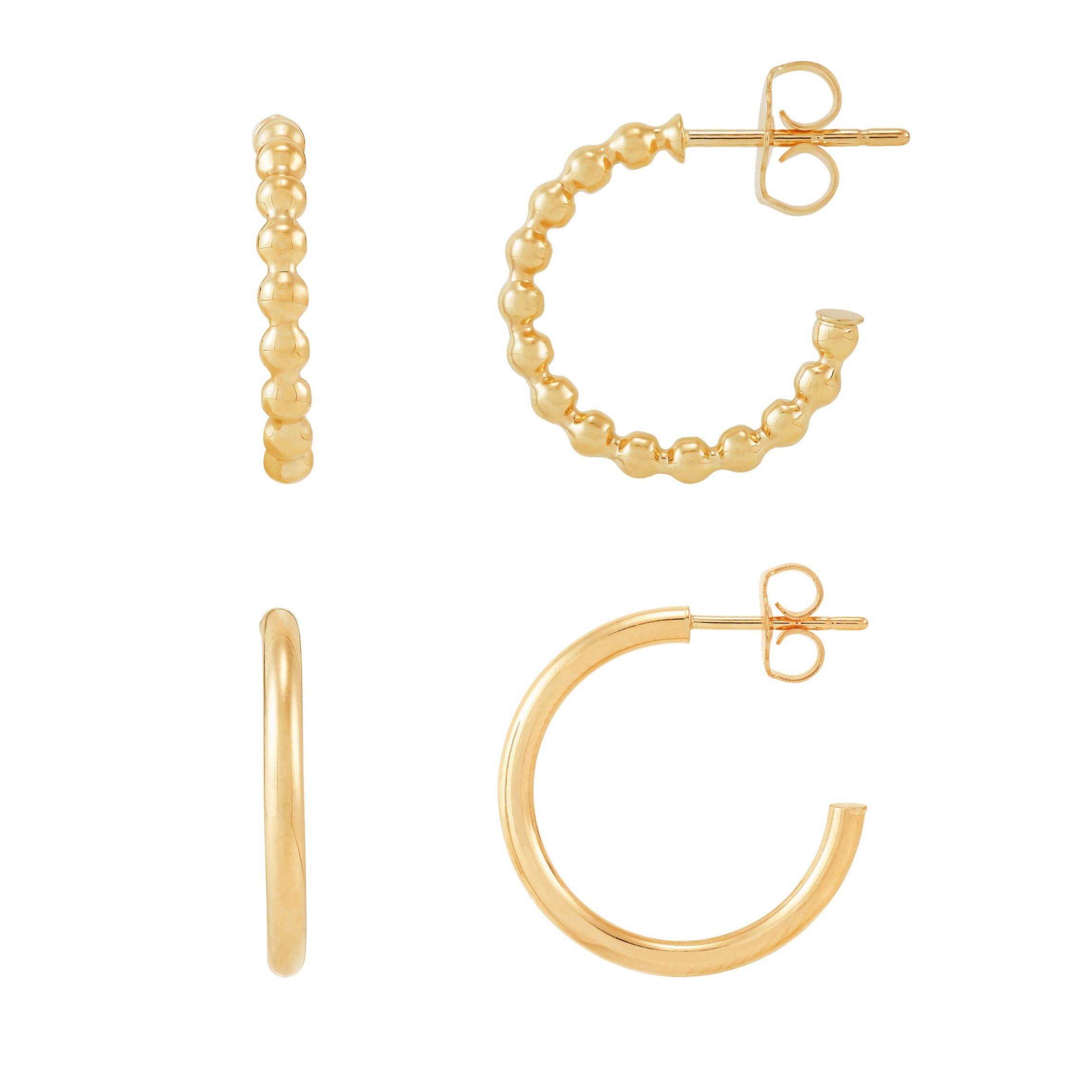 10K Yellow Gold Round and Beaded Tube J Hoop Set Earrings