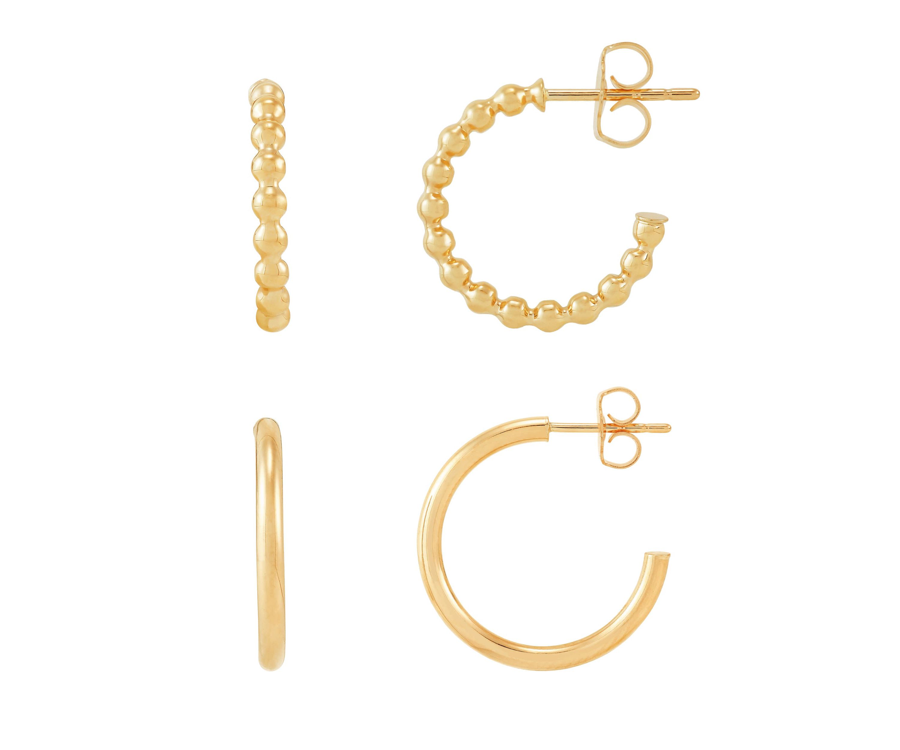 10K Yellow Gold Round and Beaded Tube J Hoop Set Earrings
