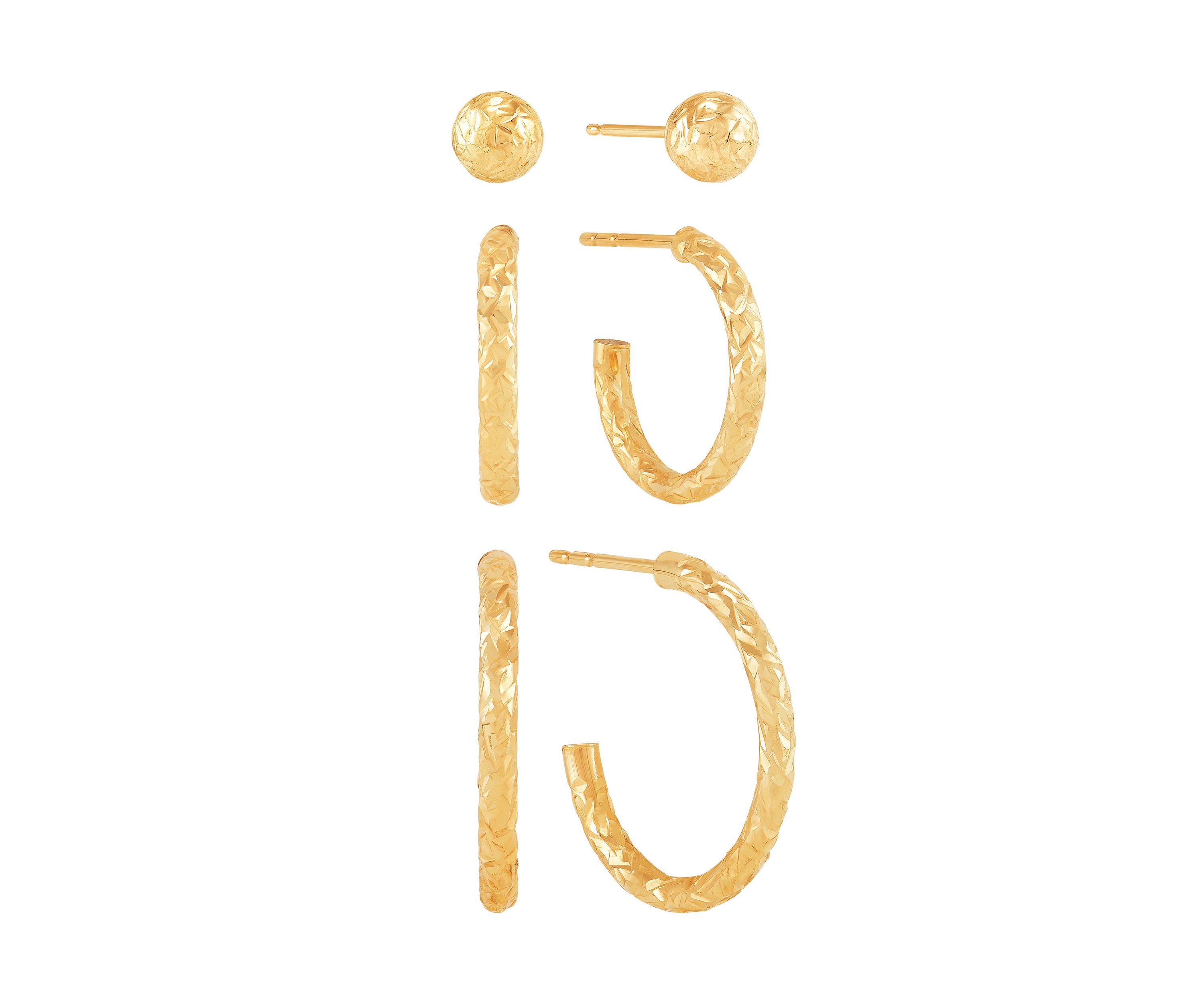 Tube J Hoop and Ball Studs Earring Set in 10K Yellow Gold