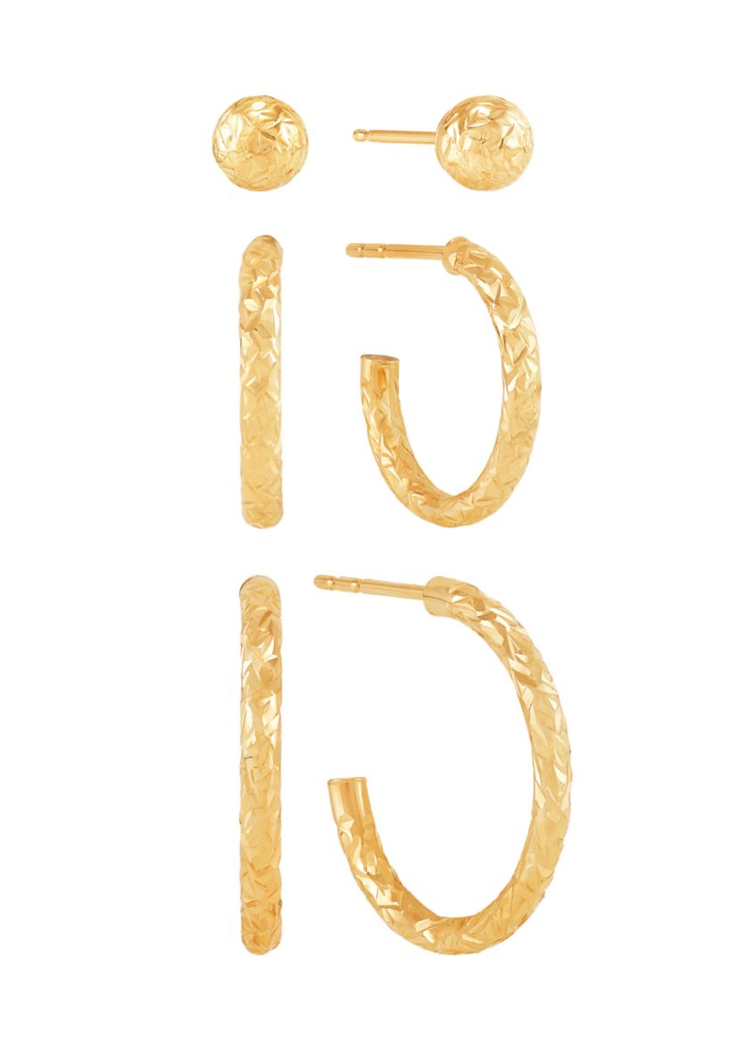 Tube J Hoop and Ball Studs Earring Set in 10K Yellow Gold