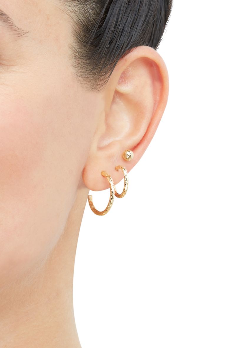 Tube J Hoop and Ball Studs Earring Set in 10K Yellow Gold
