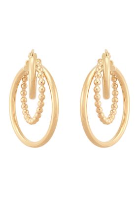 Belk & Co Beaded and Round Tubing 3 Row Grad Hoop Earrings in 10K Yellow Gold