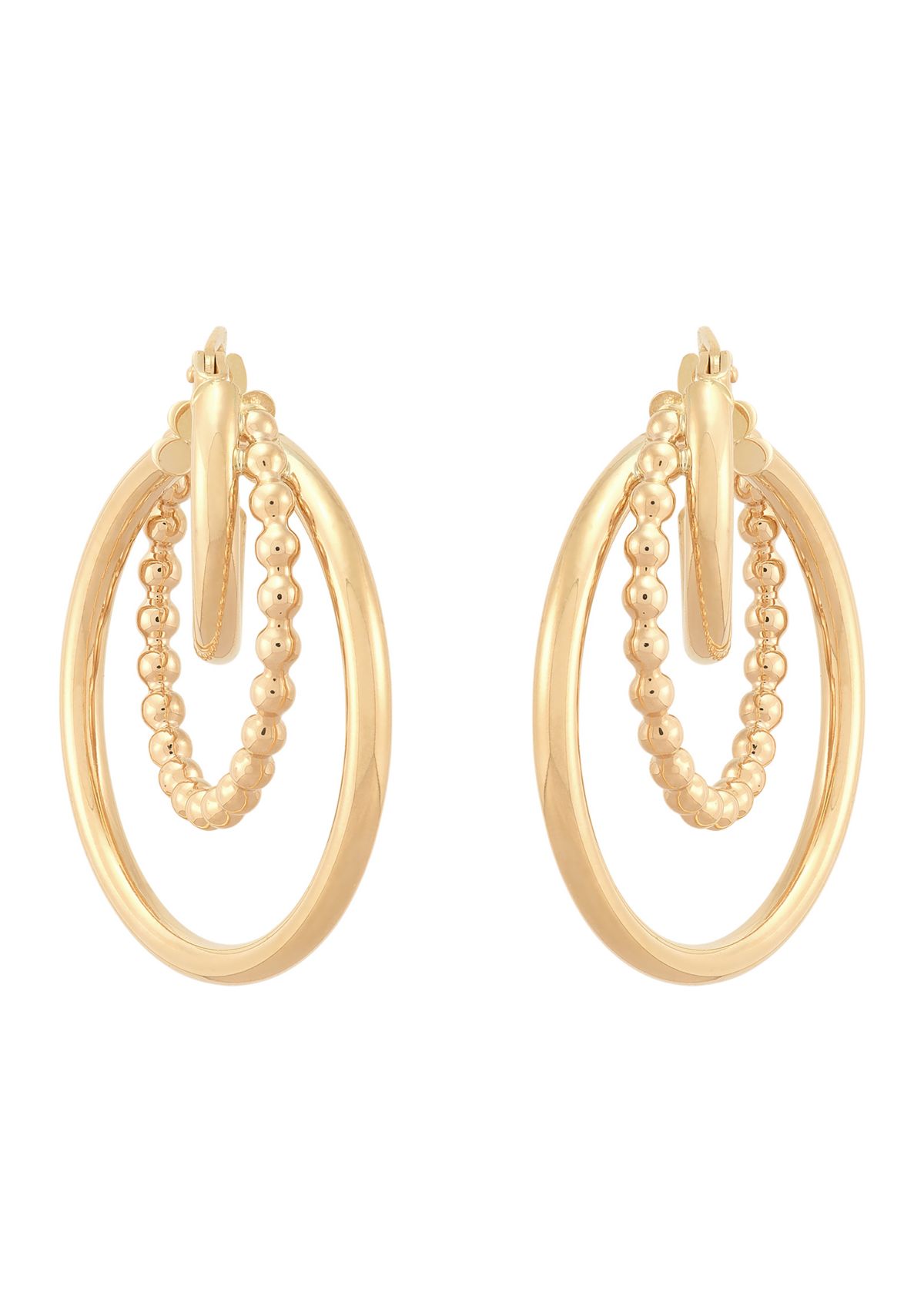 Beaded and Round Tubing 3 Row Grad Hoop Earrings in 10K Yellow Gold