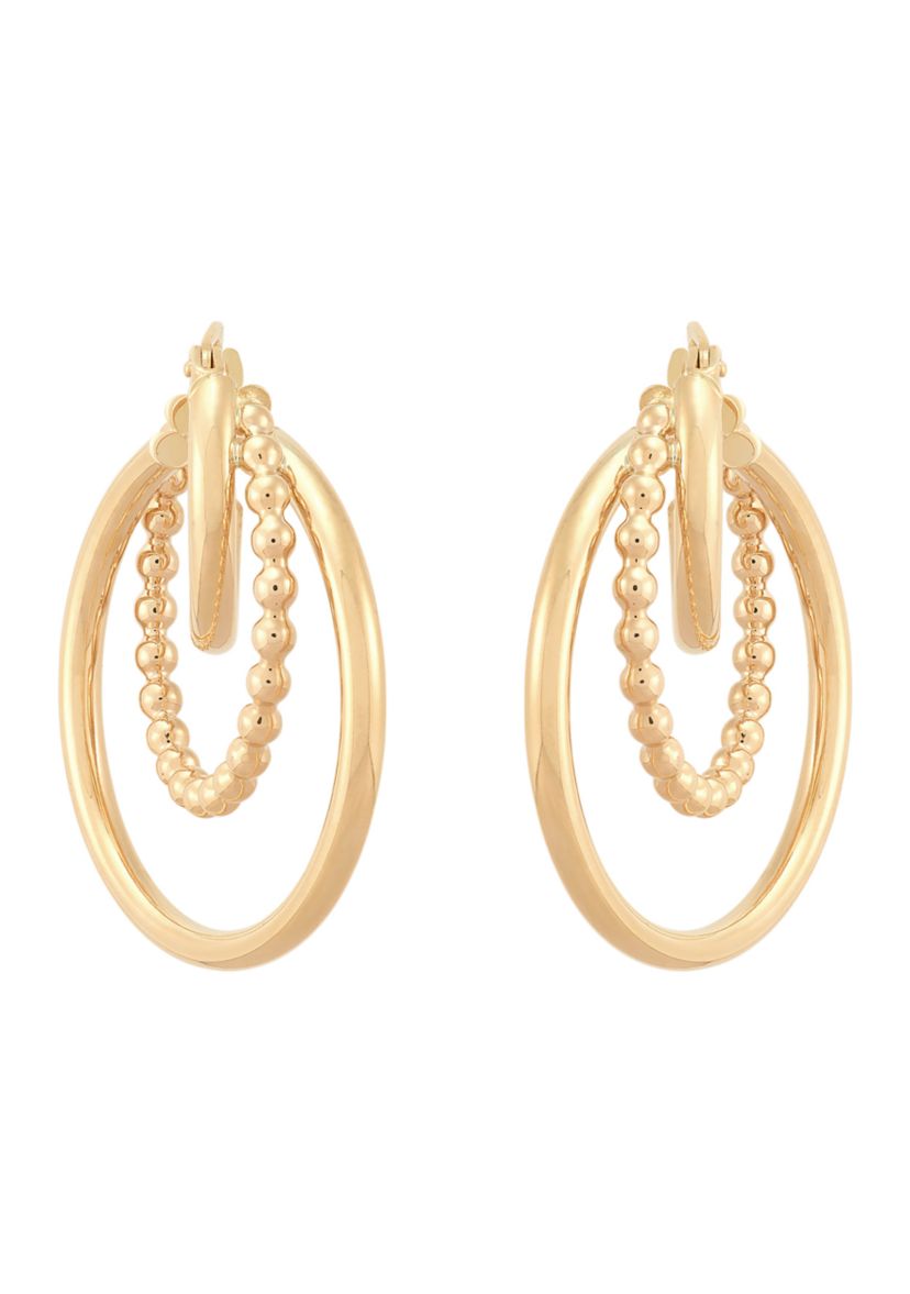 Beaded and Round Tubing 3 Row Grad Hoop Earrings in 10K Yellow Gold