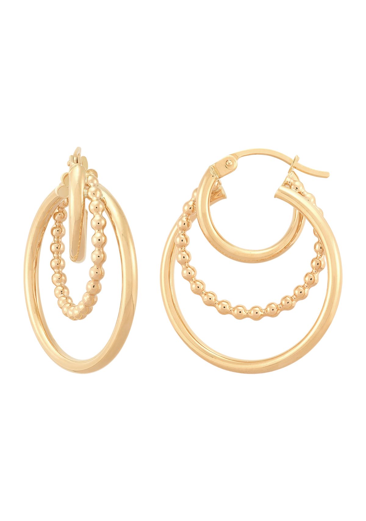 Beaded and Round Tubing 3 Row Grad Hoop Earrings in 10K Yellow Gold