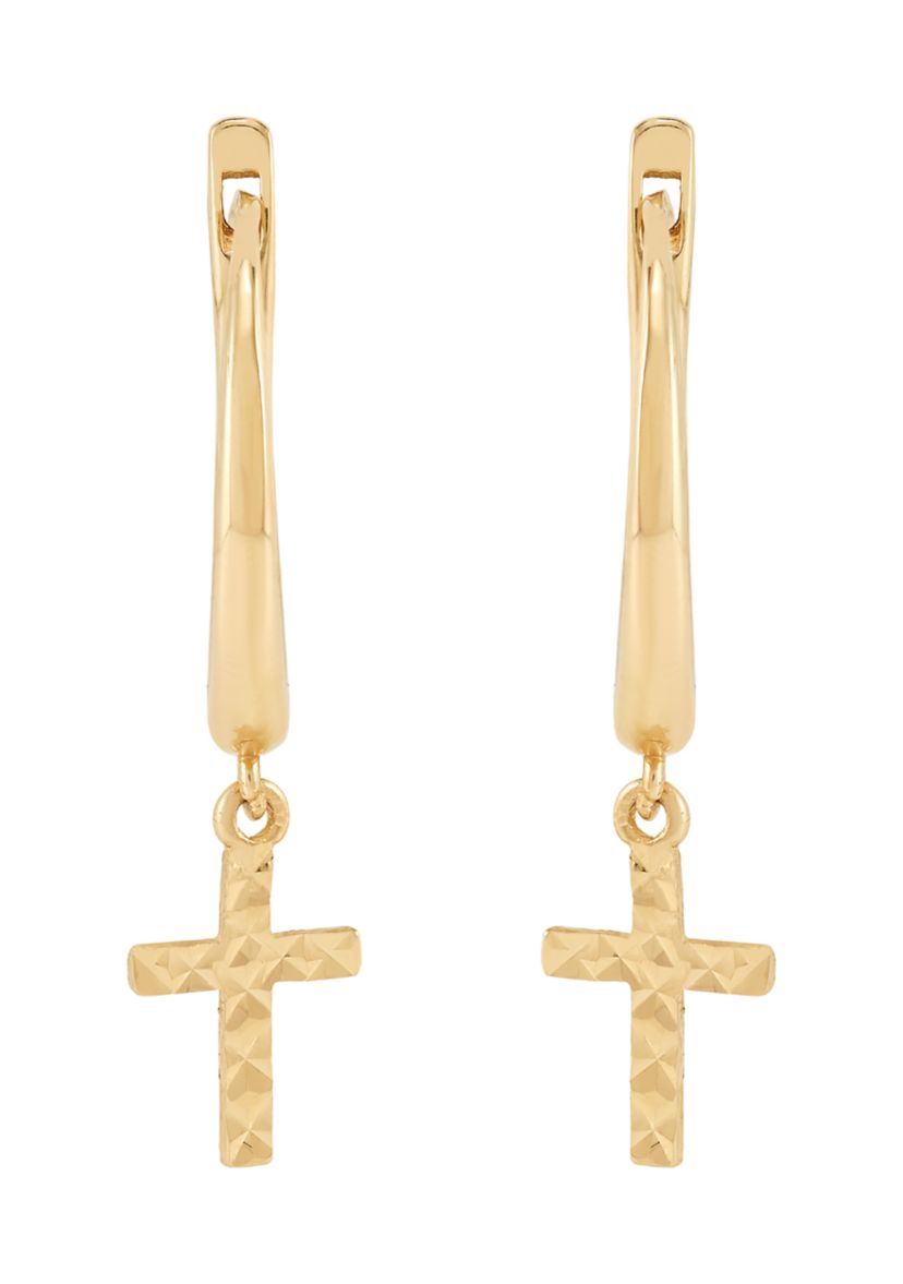 Dangling Cross Hoop Earrings in 10K Yellow Gold