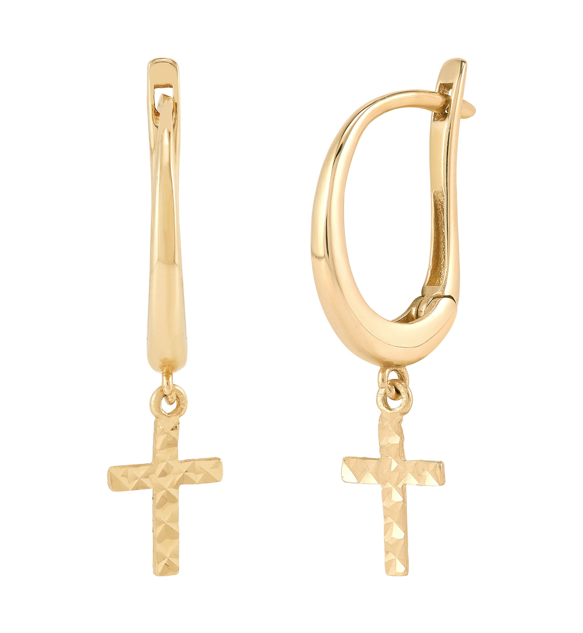 Dangling Cross Hoop Earrings in 10K Yellow Gold