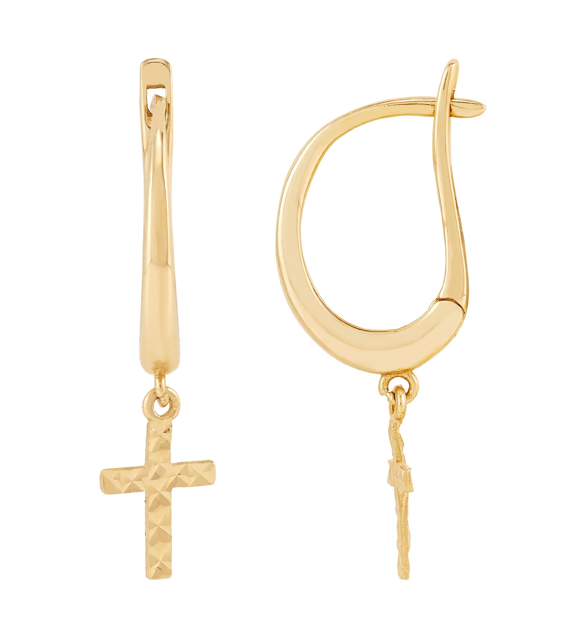 Dangling Cross Hoop Earrings in 10K Yellow Gold