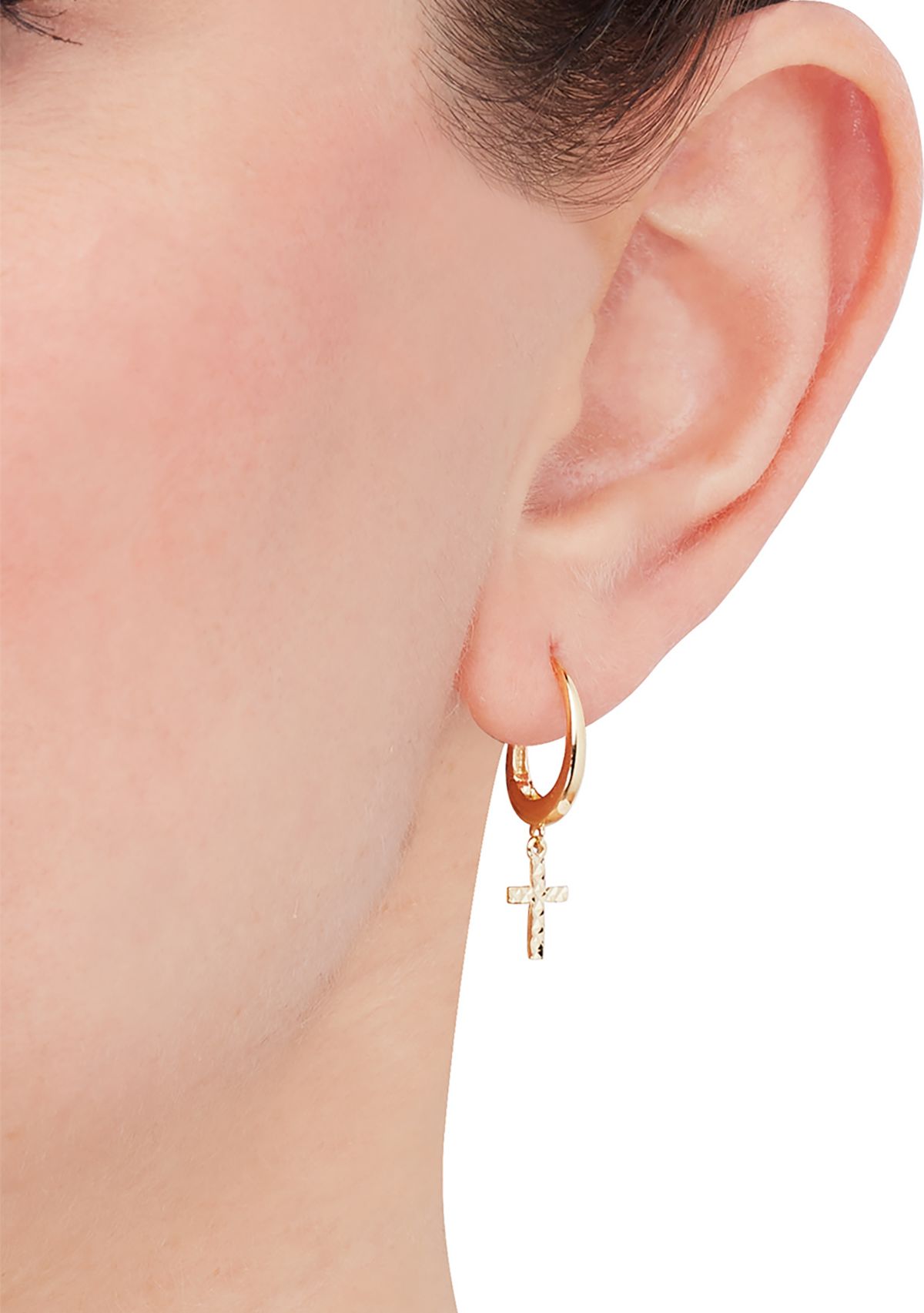 Dangling Cross Hoop Earrings in 10K Yellow Gold