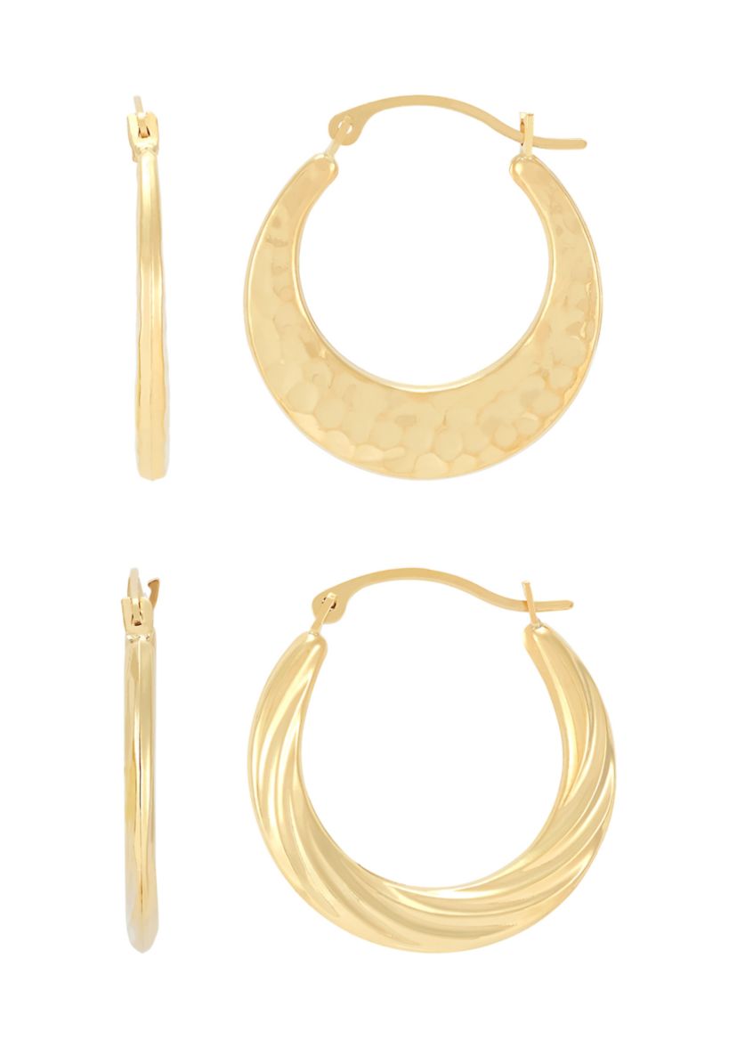 Round Hammered Hoop and Swirl Hoop Earring Set in 10K Yellow Gold