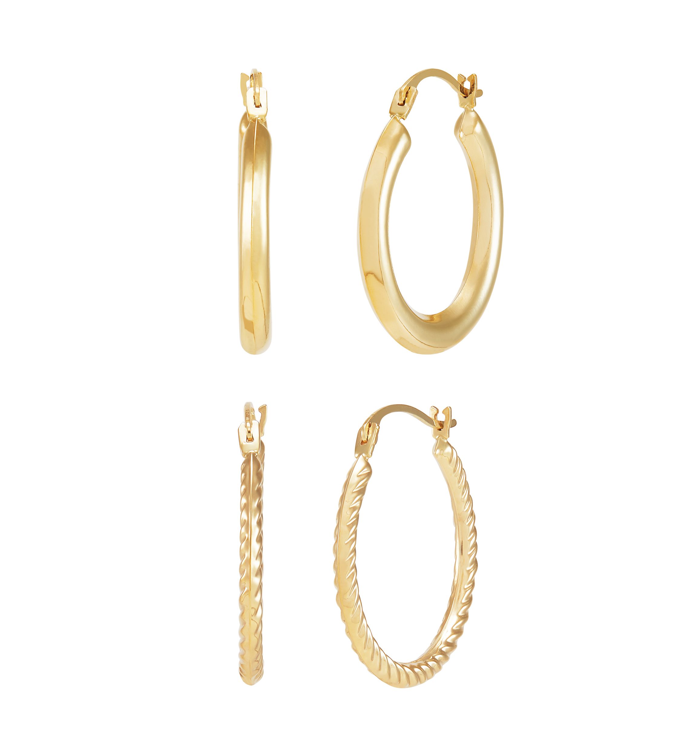 Round Hoop and Shrimp Hoop Earrings Set in 10K Yellow Gold